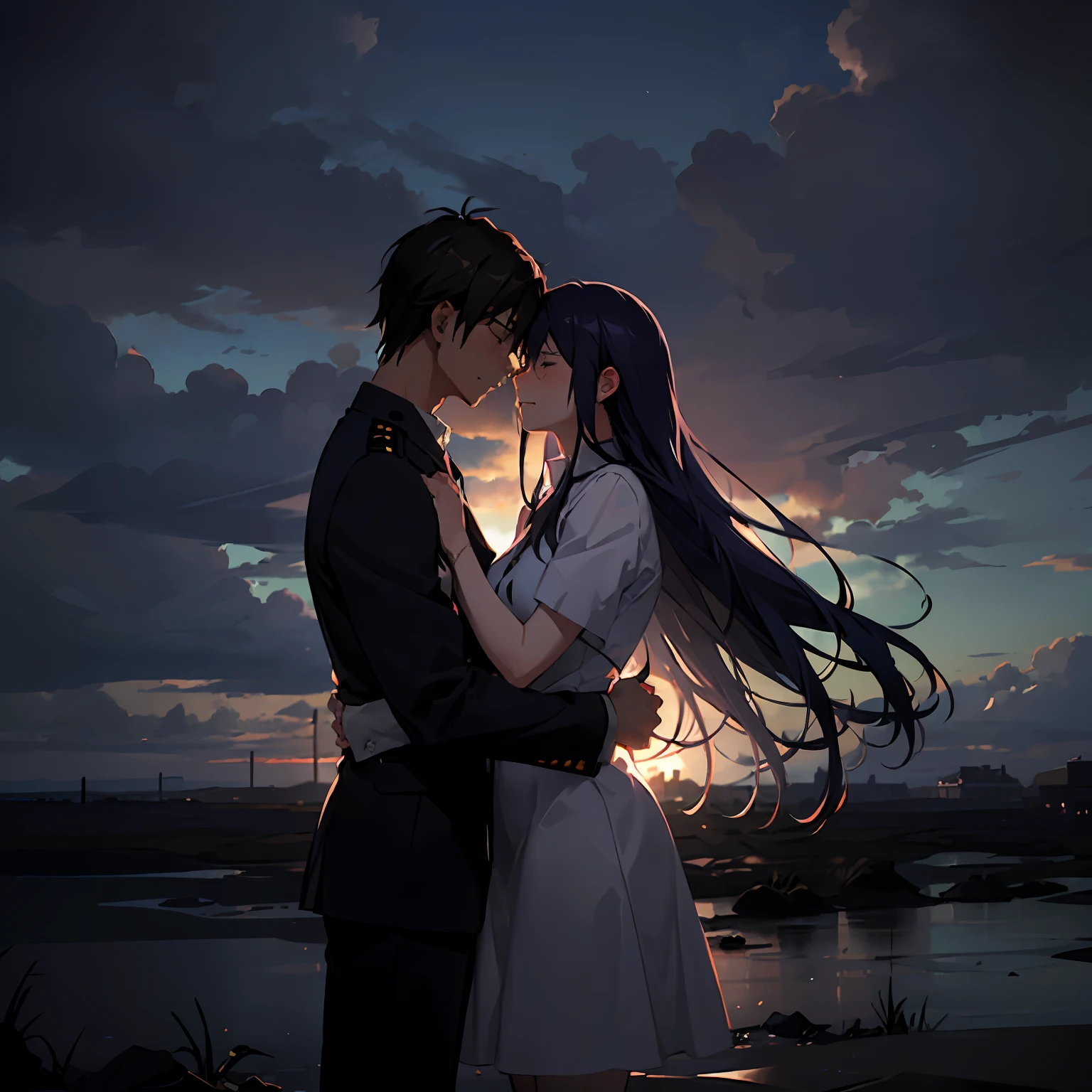 A heartbroken man hugged a woman tightly, tears intertwined between them. Surrounded by a bleak landscape, it symbolizes the sadness of parting. Presented in the style of Makoto Shinkai.