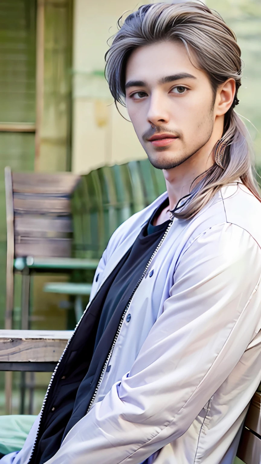 Best quality, masterpiece, ultra high res, (photorealistic:1.4), raw photo, young handsome male, facial hair, silver hair, long hair tied back