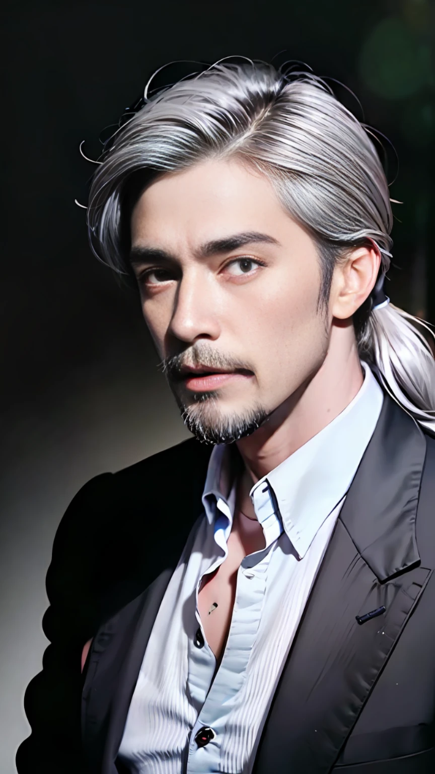 Best quality, masterpiece, ultra high res, (photorealistic:1.4), raw photo, young handsome male, facial hair, silver hair, long hair tied back