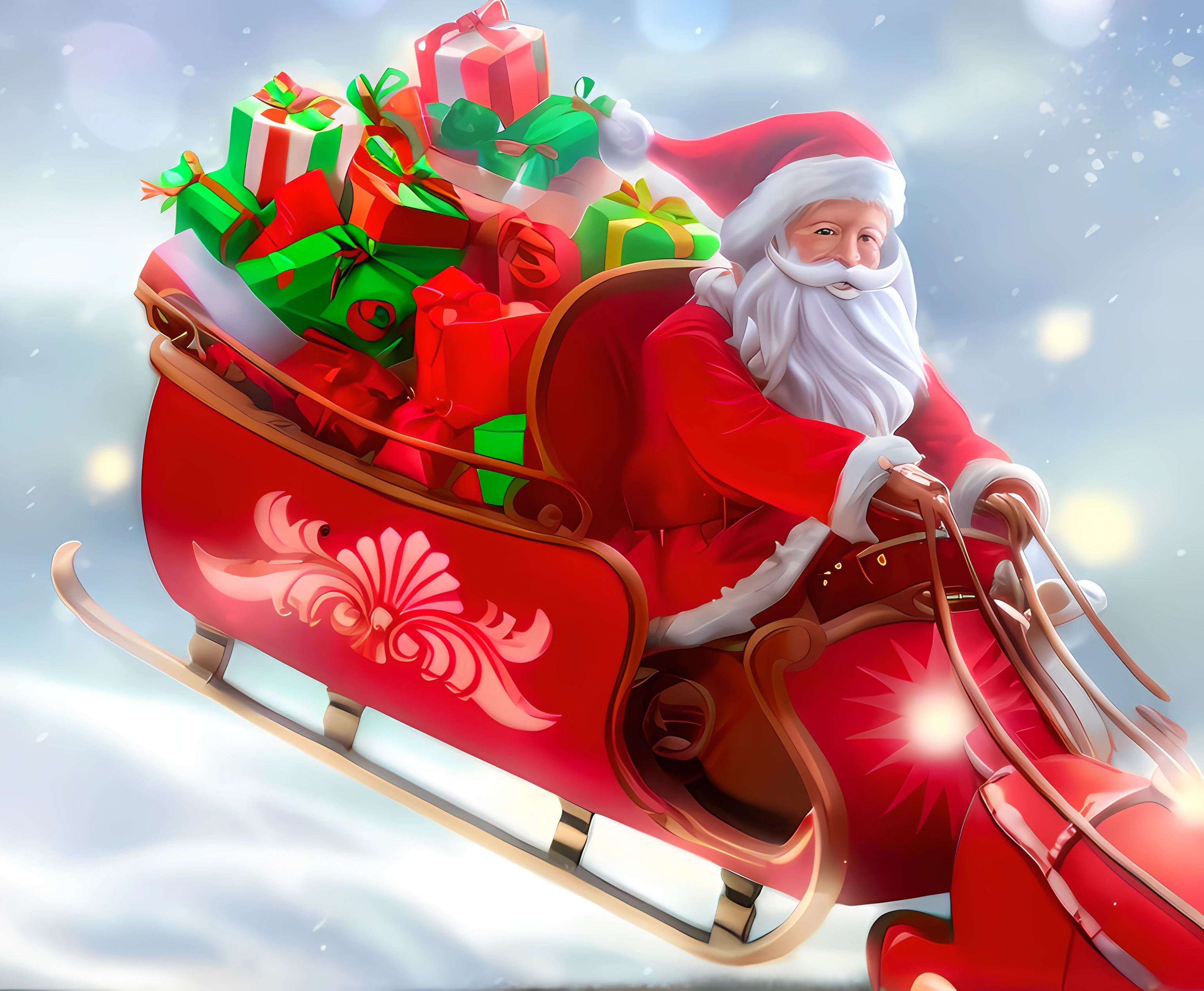 santa claus riding in a sleigh with gifts on it, santa, santa claus, santa clause, a hyper realistic, presents, full details, by Rhea Carmi, unknown, santa's workshop, by Nikola Avramov, by Aleksander Gierymski, grand!, an ultra realistic, inspired by Sylvia Sleigh, christmas, holiday season