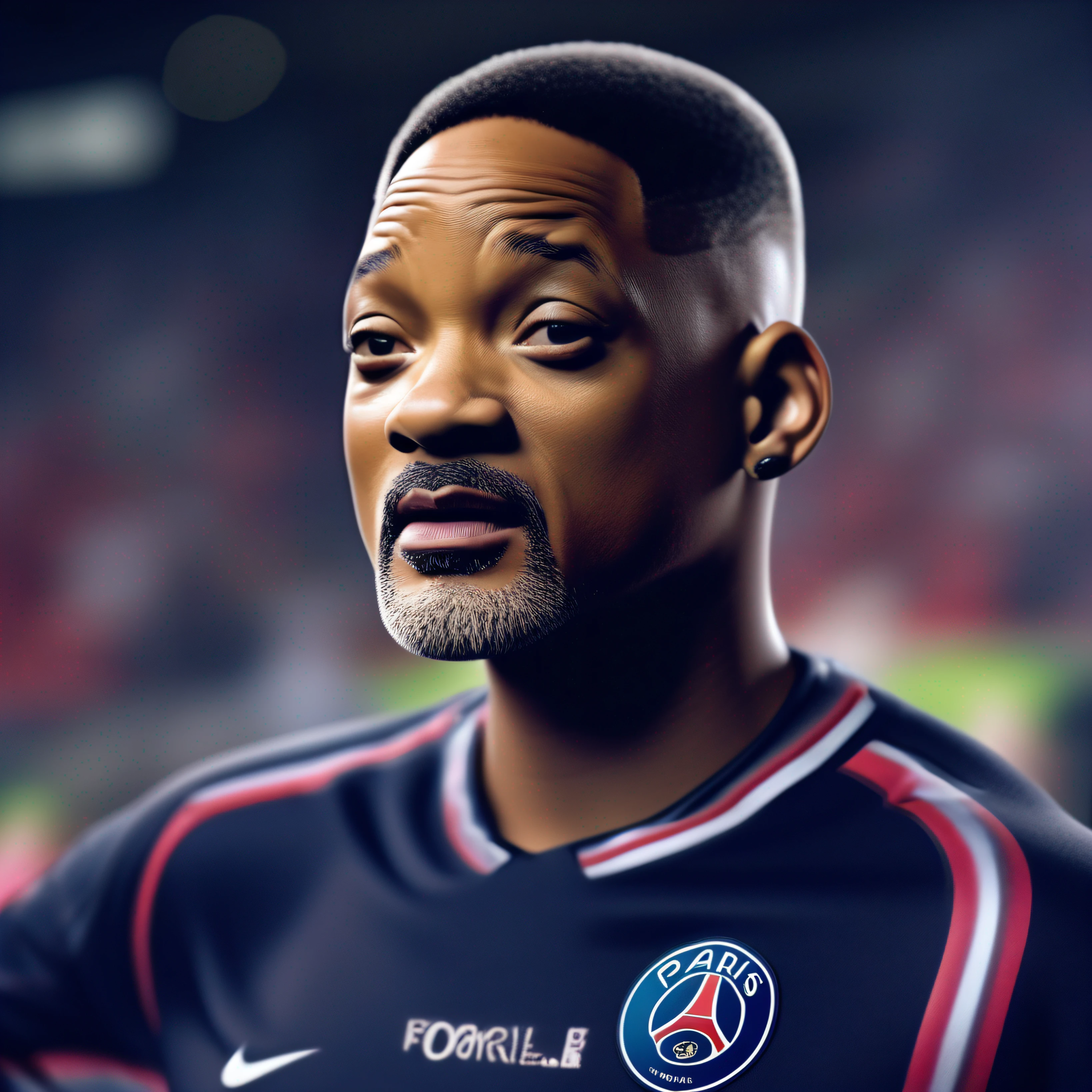 Will Smith com camiseta clube de futebl PSG, fotorealismo, ultra high quality, close-up