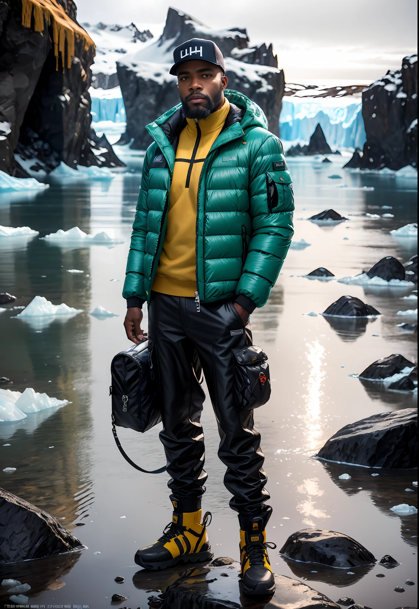 Absurdres , extreme quality , extreme details , A portrait of An African American man , buzzcut hair cut , beard , moustache , masculine , wearing a puffer jacket , black puffed suit , baggy cargo pants , bodybag , hands in pocket , leather boots , Balenciaga , standing in a rocky glacier in Iceland , extreme quality , absurdres , poster , studio lighting , 90's , depth of field, bokeh, realism, photorealistic, hyperrealism, professional photography, uhd, dslr, hdr