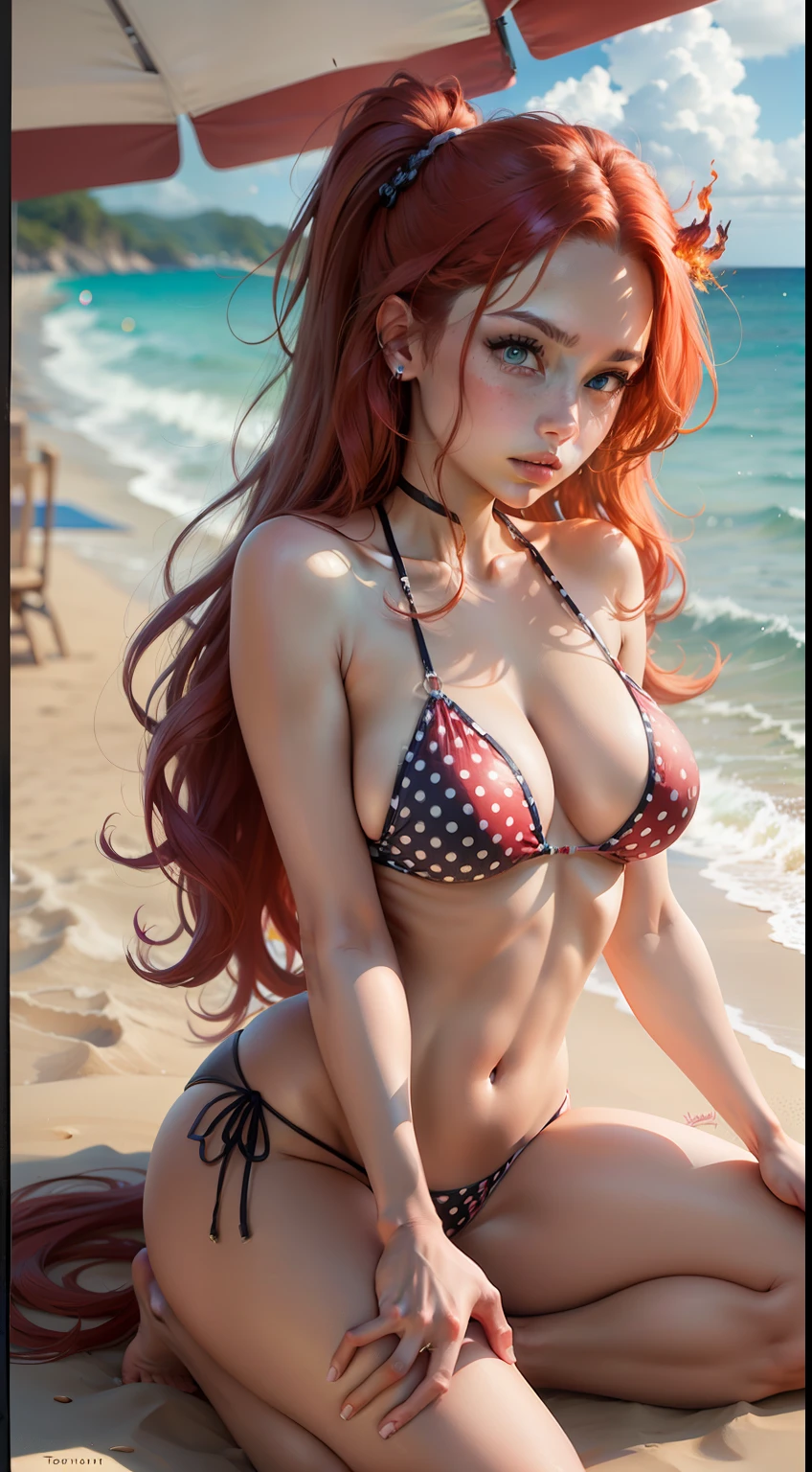 (masterpiece, best quality) beautiful fire elemental, long red hair, itsy bitsy ie weenie yellow polka dot bikini, on the beach, vibrant colors