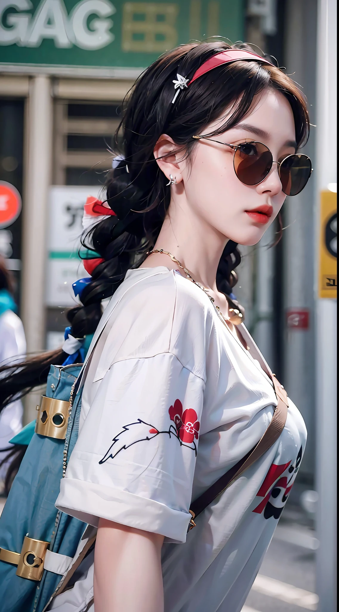 A stylish Chinese beauty, she wears trendy loose jeans with a stylish printed T-shirt and canvas shoes, walks the streets of city high-rises, carrying backpacks, eyes staring at the camera, kanzashi, long eyelashes, amber eyes, crystal earrings, parted lips, (sunglasses), toad glasses, brown too glasses, ribbon, hair ribbon, hairband, braided ponytail, twin braids, hair, hyper-realistic, close-up, f/4.0, 35mm, UHD, retina, masterpiece, high resolution, best quality, 16k