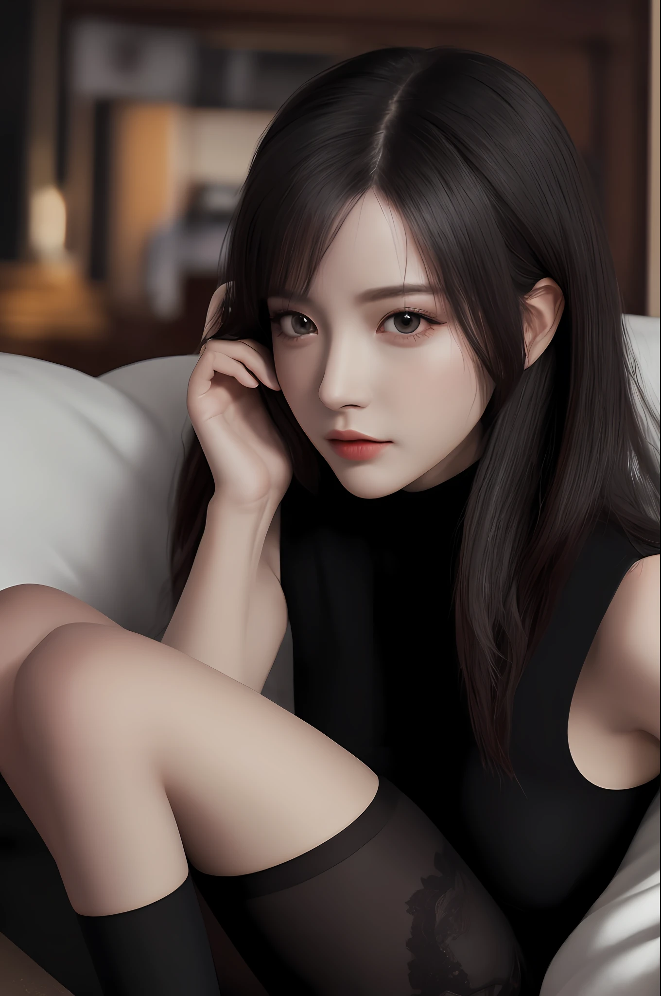 Very detailed eyes, very detailed face, very beautiful woman, best quality, super detailed (photorealistic), very delicate and beautiful legs, beautiful black eyes, absurdity, very detailed expression, professional illustration, FF tifa, most beautiful pose