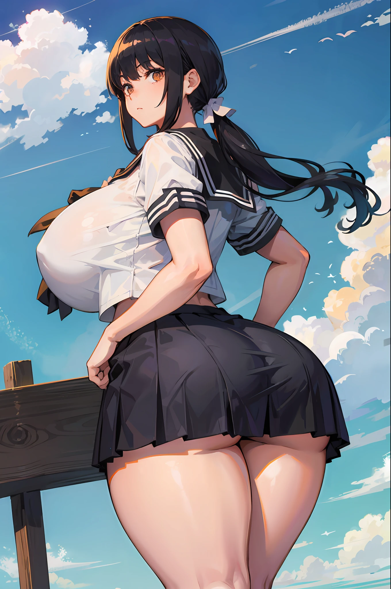 High school girl, sailor uniform, chadrez school skirt, thick thighs, super wide hips, gigantic breasts, big ass, back, two ponytails, black hair.