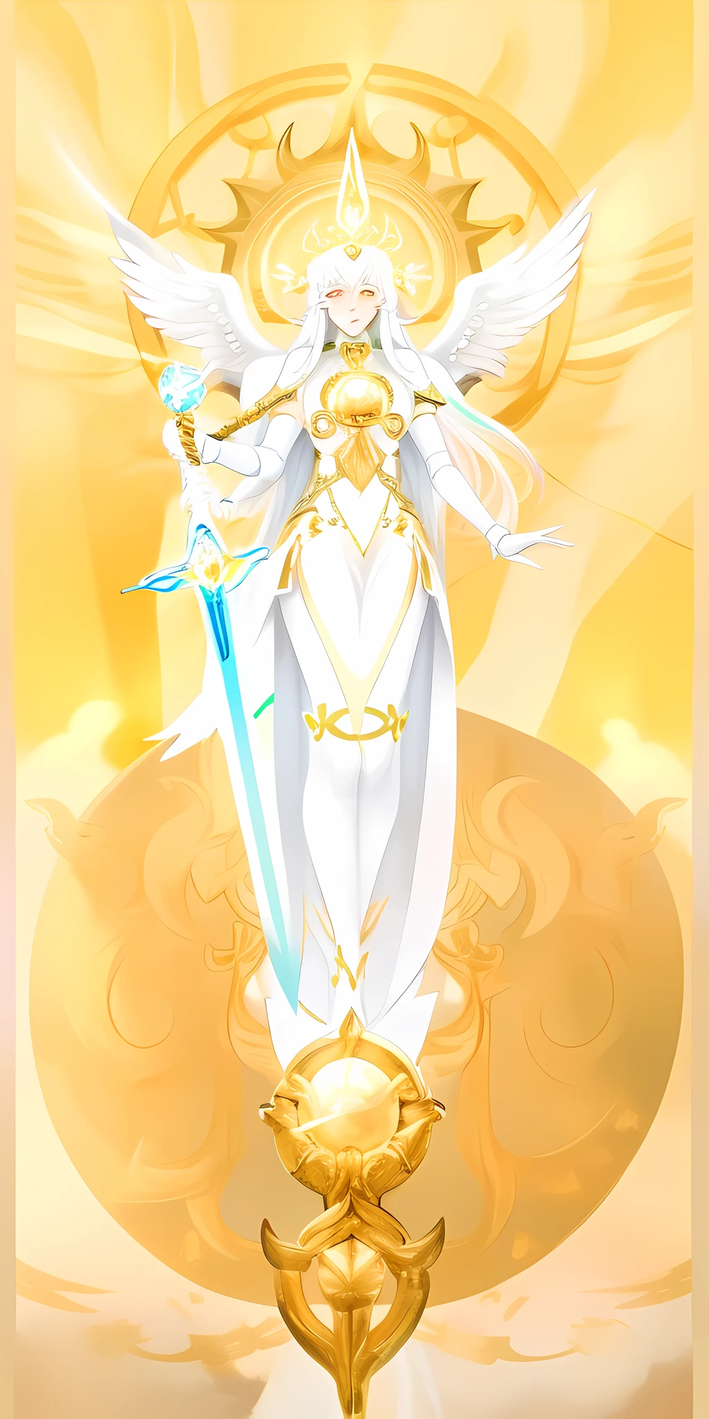 Anime - style image of a woman dressed in white holding a sword, goddess of light, goddess of time, bright white aura, like the goddess of the sun, beautiful celestial magician, portrait of the queen of light, knights of the girl of the zodiac, princess of light, white-haired deity, priestess, goddess of space and time, elf priestess, very large wings,  multiple wings, multicolored wings,