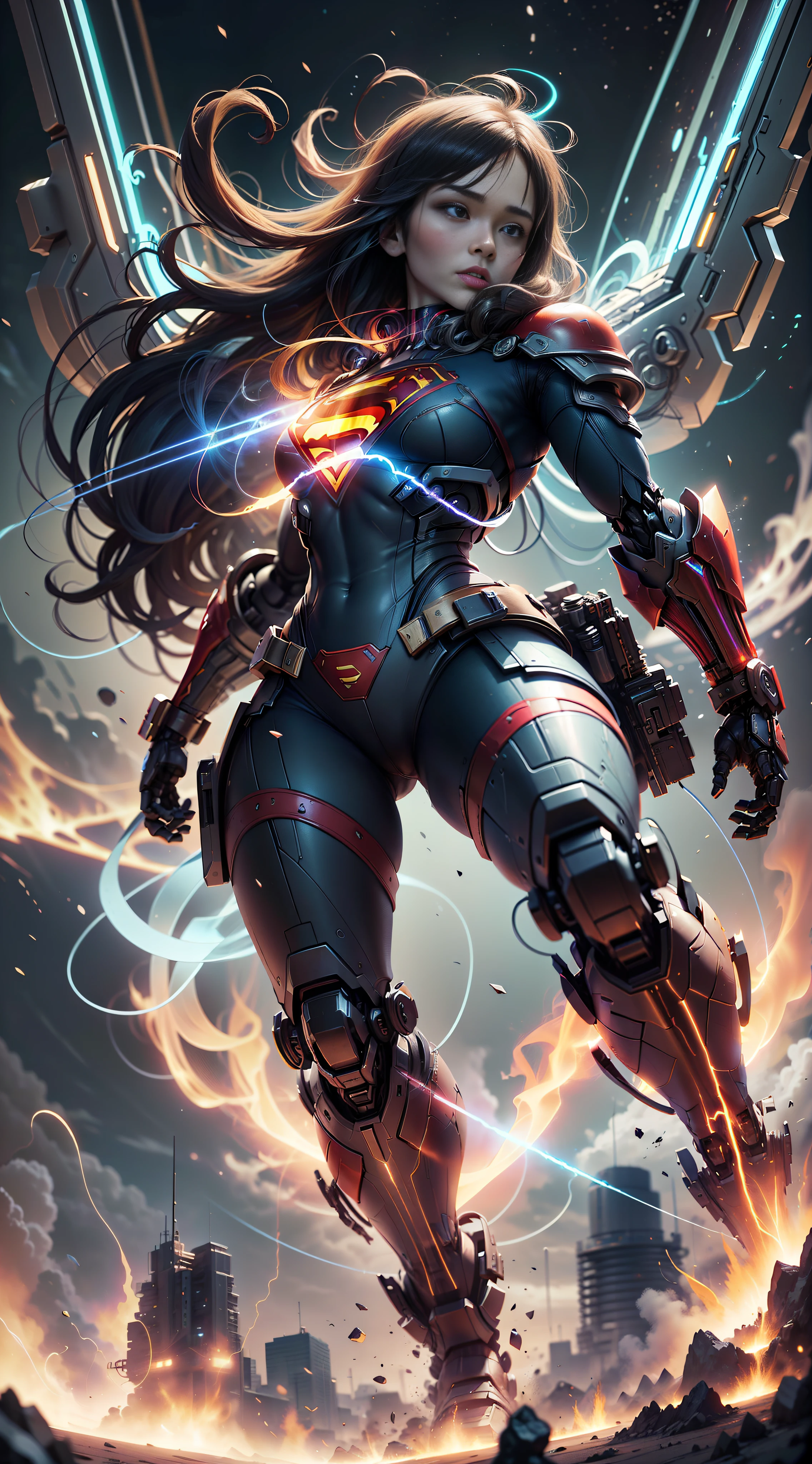 ((Best quality)), ((Supergirl's masterpiece)), (highly detailed:1.3), 3D, beautiful, (cyberpunk:1.2), in space, nebulous, holding_weapon, laser, (1Female Mecha:1.3), sexy body, facing audience, bright blue eyes, full body, African American, (flying, descending, dynamic, motion blur: 1.4), (huge mecha wings: 1.6), looking up, glowing_eyes, mecha, panorama, background is earth, nebula, space, particles, Reality, HDR (High Dynamic Range), Ray Tracing, NVIDIA RTX, Super Resolution, Unreal 5, Subsurface Scattering, PBR Textures, Post-Processing, Anisotropic Filtering, Depth of Field, Maximum Clarity and Clarity, Multilayer Textures, Albedo and Specular Maps, Surface Shading, Accurate Simulation of Light-Material Interaction, Perfect Proportions, Octane Render, Two-Tone Lighting, Large Aperture, Low ISO, white balance, rule of thirds, 8K RAW, efficient sub-pixel, sub-pixel volume product, (best quality), (Japanese: 0.5), (Korean: 0.8), (Liu Yi Fei: 1.5) long hair, (big chest: 1.2) wearing superman's S on the chest. --auto --s2