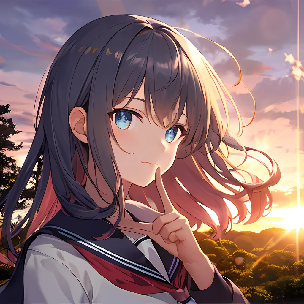 best quality, high detailed, Faint lips,UC:realistic, cinematic lighting petite 1girl multicolored hair coral eyes, seductive :3 school_Uniform, upper body , warm light sunset, rays light sparkles lens flare deep shadows, depth of field peerless scenery sentimental, index finger raised , floating (detailed light) floating hair glowing eyes leaves, ((wind)) nature (sunlight) river (forest) (bloom)