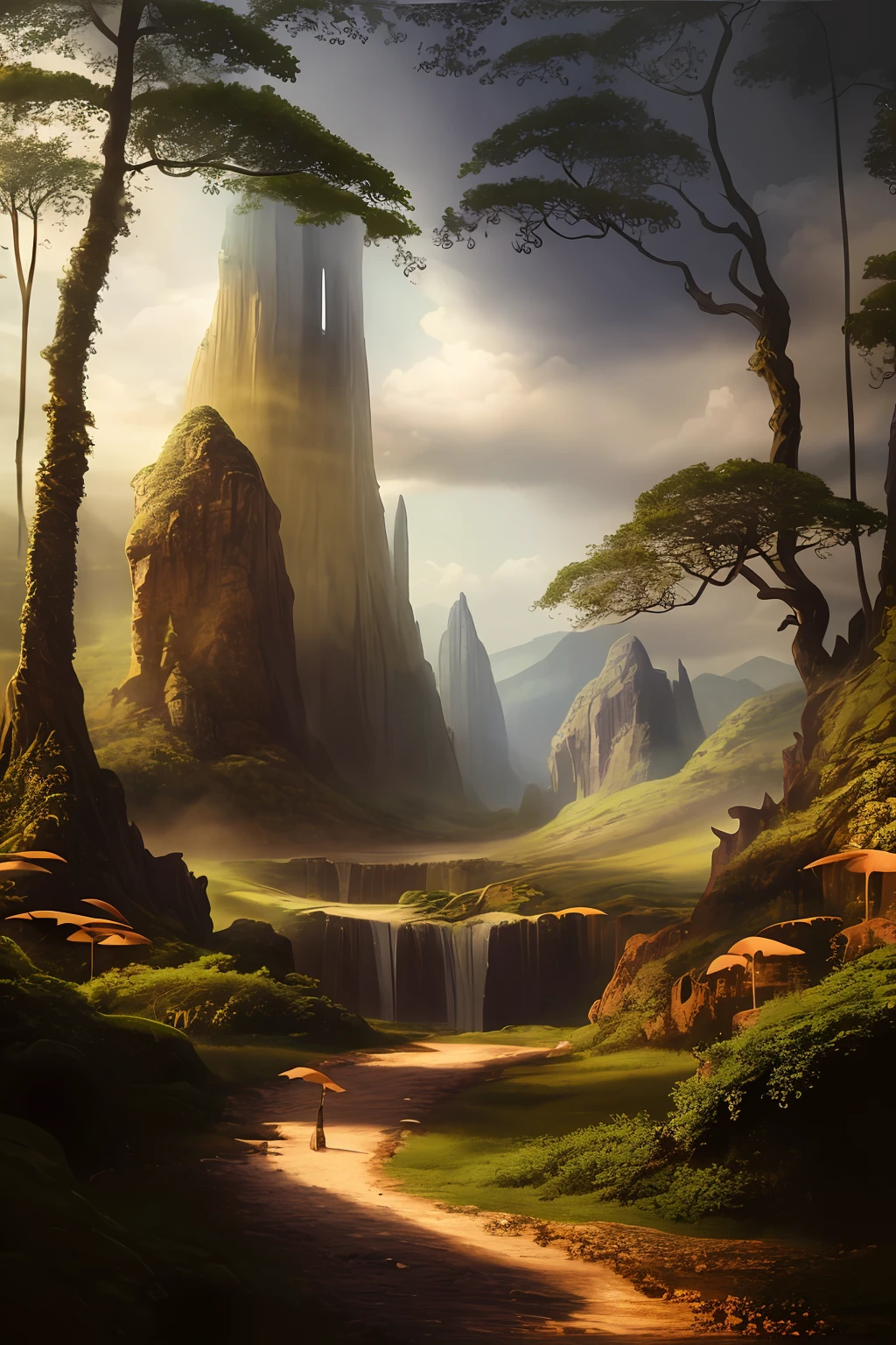 painting of a mountain scene with a path through the forest, made of tree and fantasy valley, avatar landscape, impressive fantasy landscape, beautiful render of a landscape, fantasy art landscape, 4k highly detailed digital art, epic dreamlike fantasy landscape, 4k hd matte digital painting, 8k stunning artwork, concept art wallpaper 4k, epic fantasy landscape, beautiful mattepainting