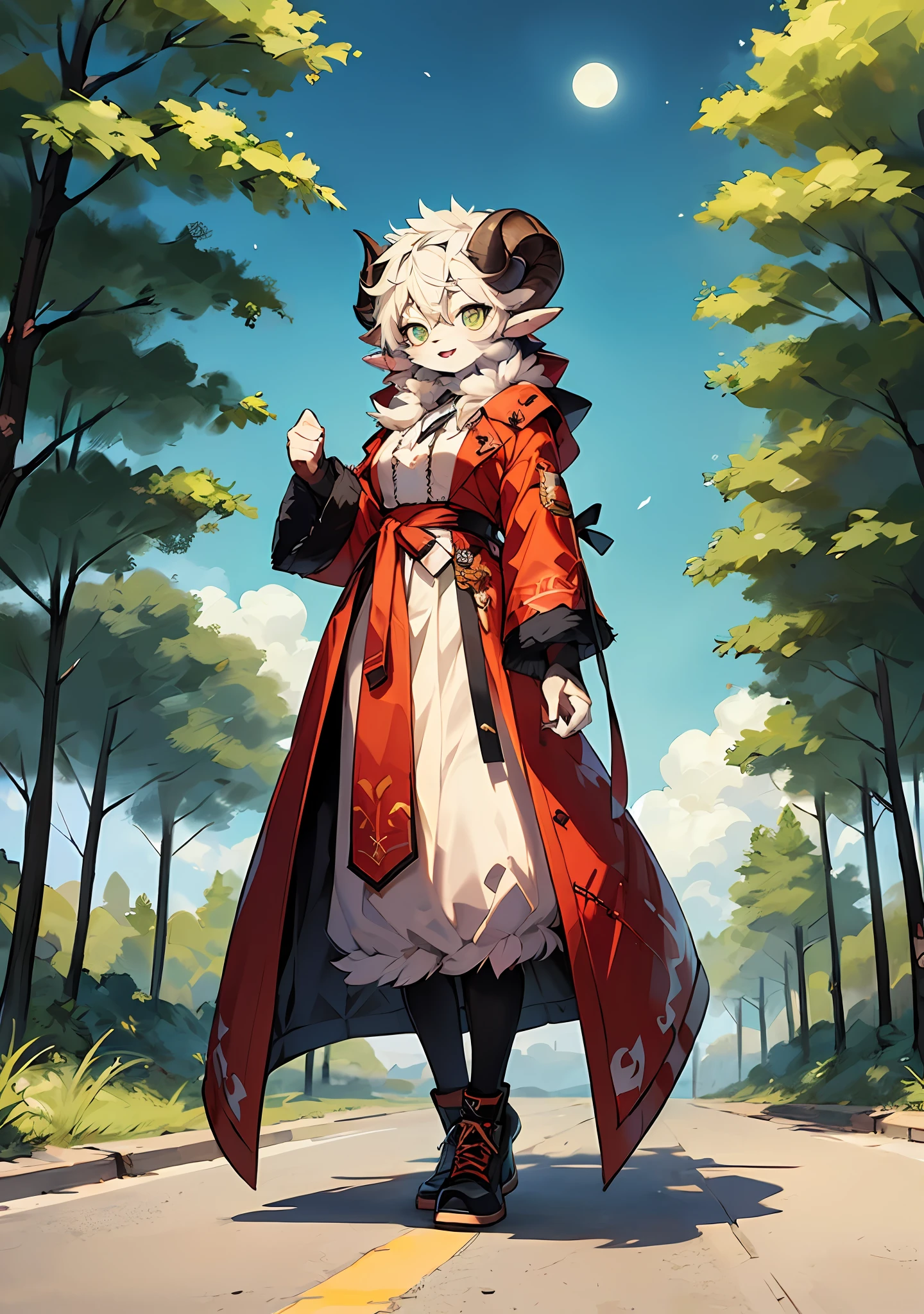 Best Quality, Super Detailed Illustration, (1 Furry Sheep Girl With Horns: 1.5),Black Hair, Malachite Eyes, (Road Rogue Clothes: 1.7), Forest, Moon, Sketch, Full Body, Top Quality, Anime, Full-Length, Full Body Visible, Perfect Body, (Very Fluffy: 1.5), Adult