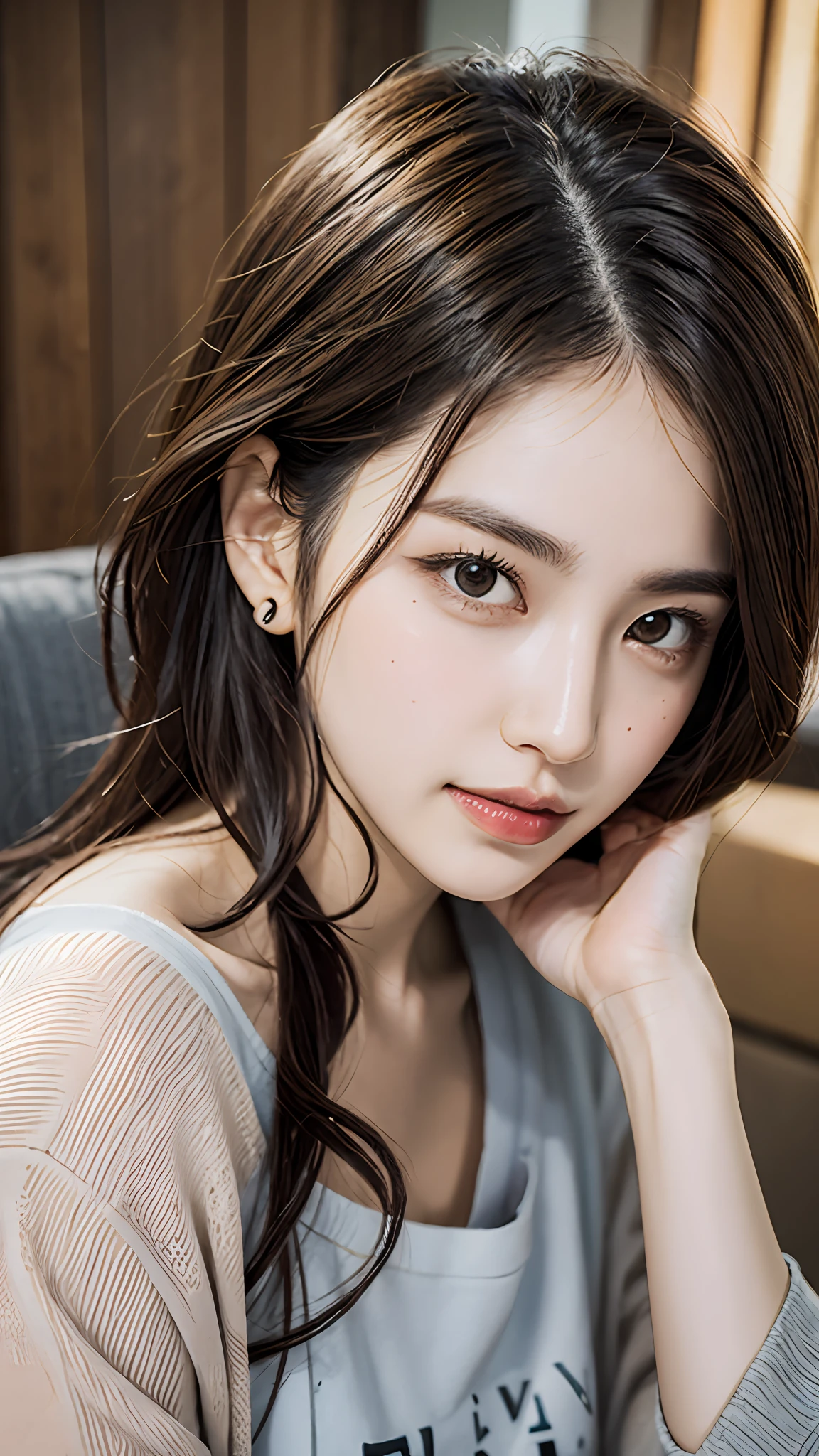 [25-year-old male],[face: round], [eyes: almond eye shape, brown color, thick and curved eyebrow shape], [Nose: Sticky shape, small hole], [Mouth: thick lip shape, Neat teeth], [Chin: Tyre chin shape, Sunken chin], [Hair: Long hairstyle, black color,], [Ears: Small ear shape], [skin: white skin color, Smooth skin texture], [Facial expression: smile], [Activity: Sitting on the sofa in the living room],
[Top clothes: T-shirt, brown color, plaid pattern, delicate texture, casual wear style, folded clothing design, well-maintained clothing condition]
Professional photograph of a stunning woman detailed, cinematic lightning, octane render, unreal engine, volumetrics dtx