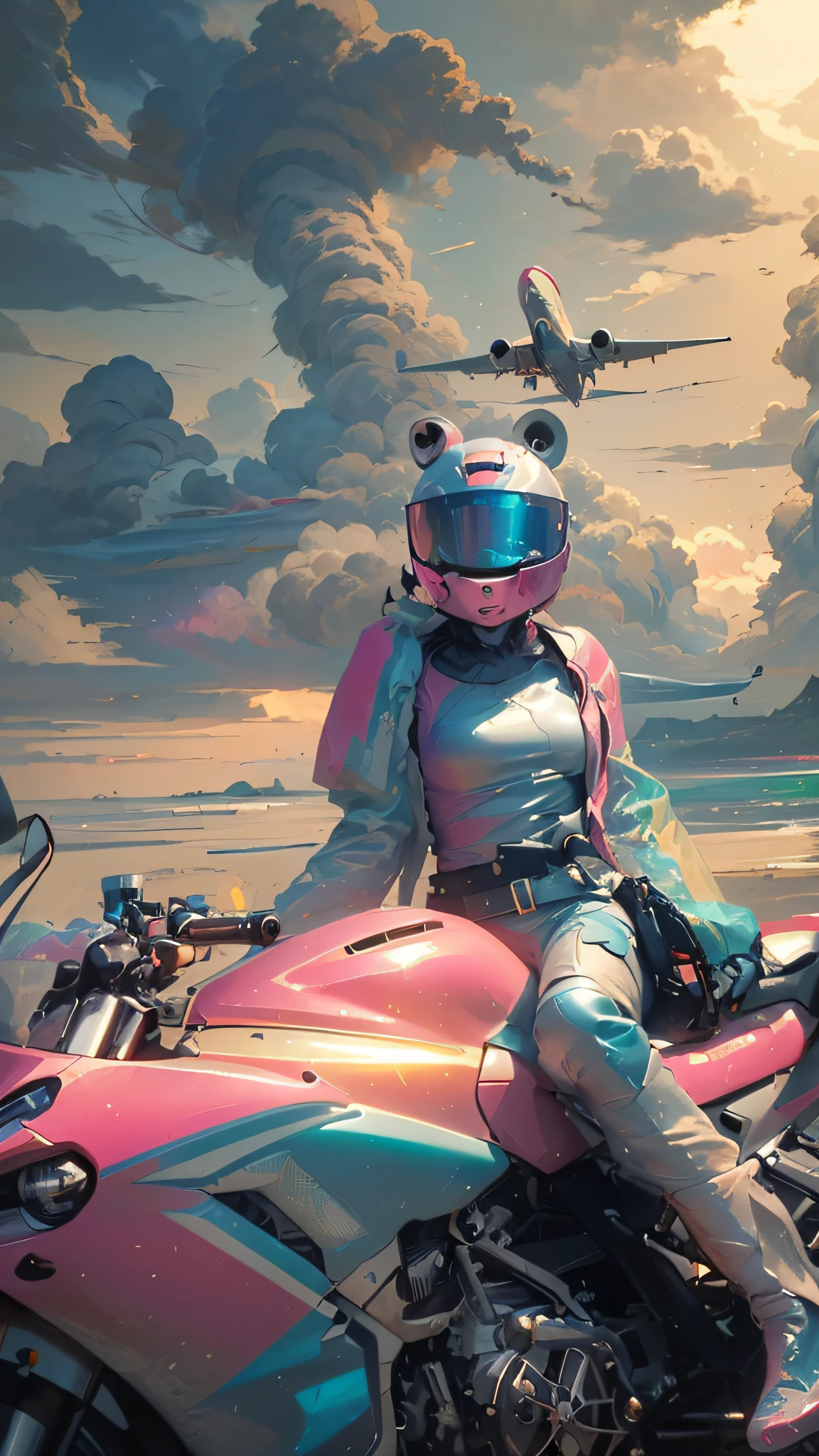 (Masterpiece, best quality, high resolution, ridiculous, Detail: 1.5), Humanoid, Robot, (Glow Helmet: 2), (Cyberpunk, Art Canvas, Brush, Easel, Rainbow Color, Holographic, Neon Sign, Brilliant Colors, Paradise, Dreamy, Pink Clouds, Exquisite Hand Details: 1.6), (Female), (Waves, Seawater, Moto, Splash, Outdoor, Smoke, Simple Background), Extreme Detail, Paradise, (Full Motorcycle: 1.5), Realistic, (Fluorescent Moto: 2), More Clouds, Planes Crossing Overhead