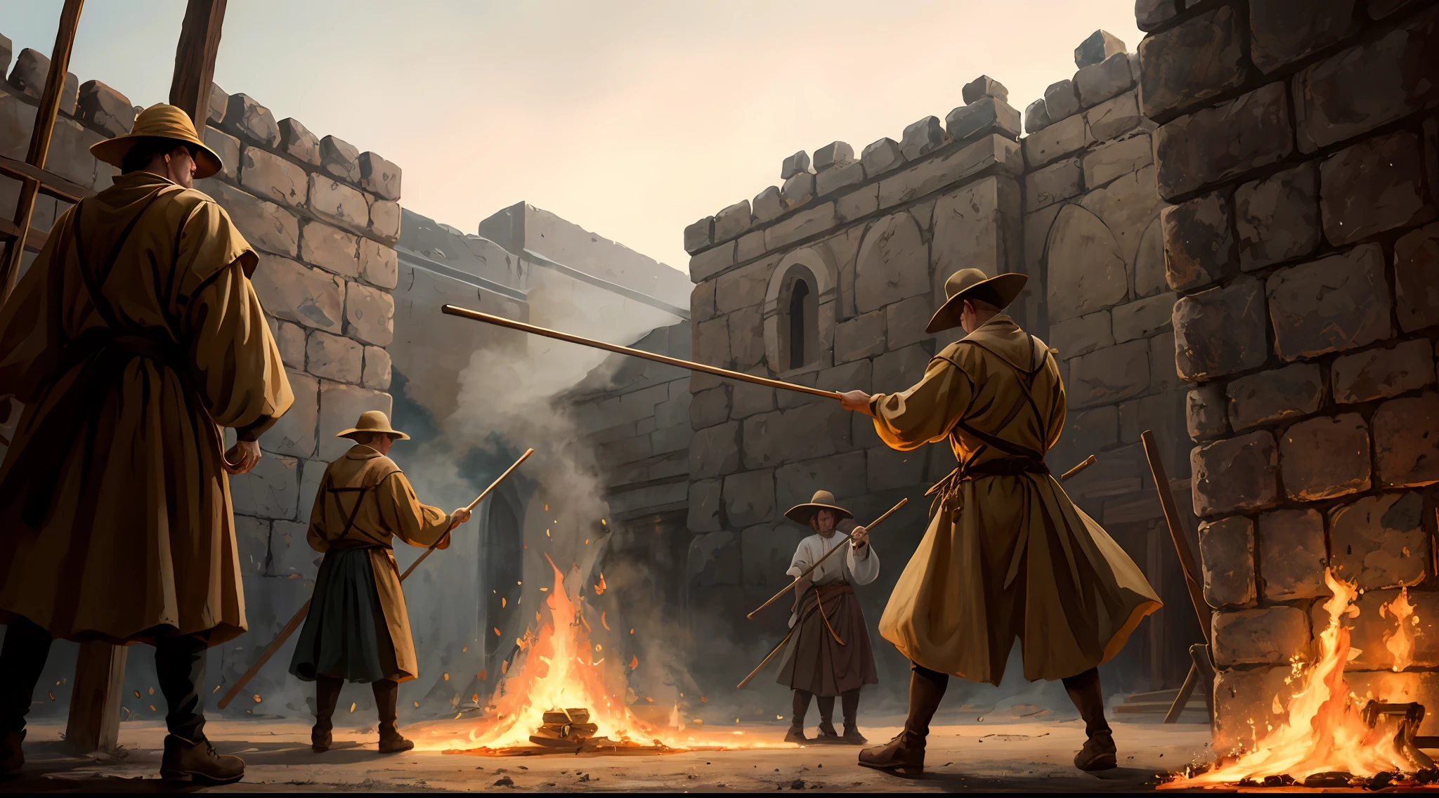 Trebuchets, fire oil drums
