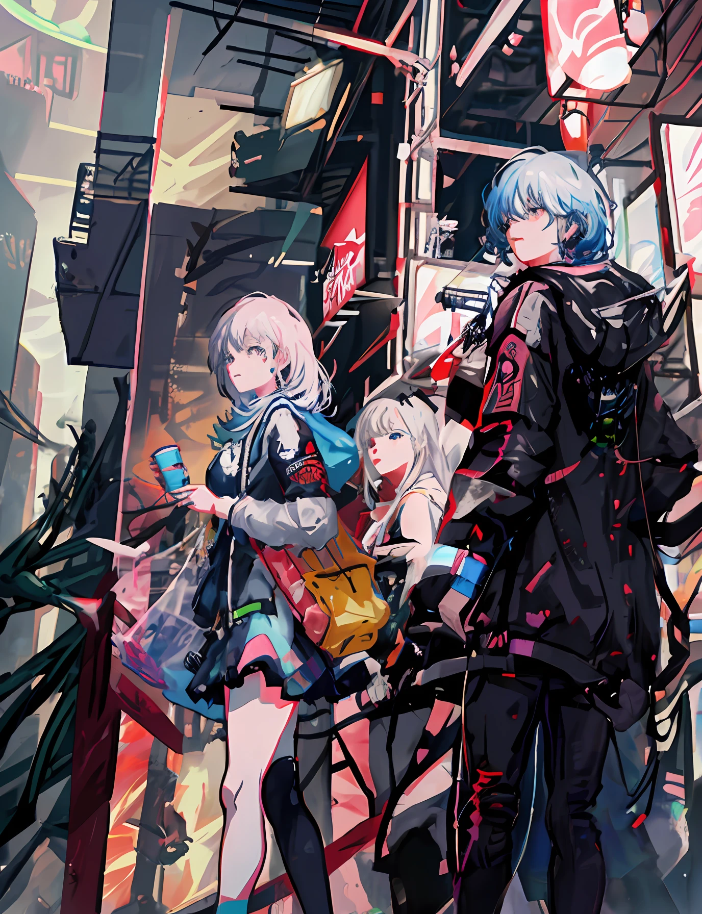 anime characters standing in front of a store with a bicycle, style of ssss.gridman (2018), digital cyberpunk anime art, best anime 4k konachan wallpaper, digital cyberpunk - anime art, modern cyberpunk anime, anime cyberpunk art, cyberpunk anime art, anime style 4 k, ssss.gridman, digital cyberpunk anime!!, anime cyberpunk