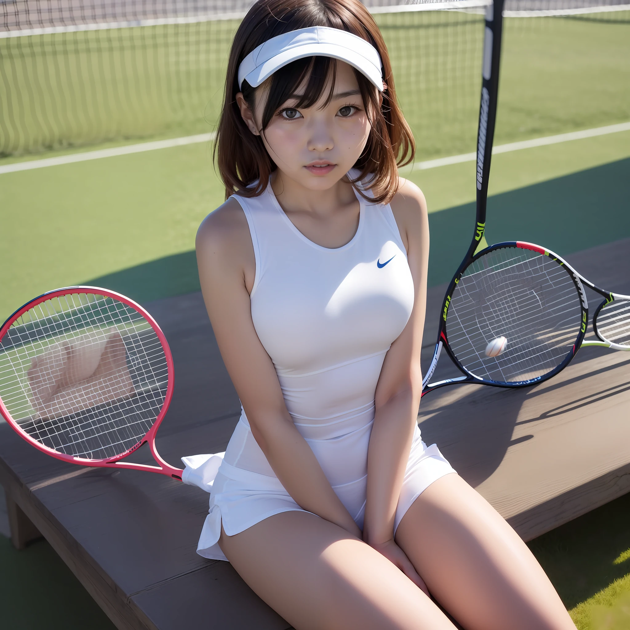 Tennis court at midsummer twilight, One naïve one 8-year-old Japan college girl, wearing white sleeveless one-piece tennis wear, He wears a sun visor on his head, sits on a bench, has M-shaped legs spread, the grip of the tennis racket is pressed against the crotch, 1 person (Akiko Takase, Kazue Kato, , Aya Takano, Etsuko Miura, Chiko, Tsugumi Oba, Chiho, Rinko Kawaichi, Takeyuki Kanda), Body shape is 158 cm tall, weight 53 kg, bust 83 cm (D cup), waist 61 cm, hips 86 cm, hair is shoulder-length black hair, damp with sweat, body is sweaty, tennis clothes are also sticking to the upper body so that the lines of the body appear due to sweat,
