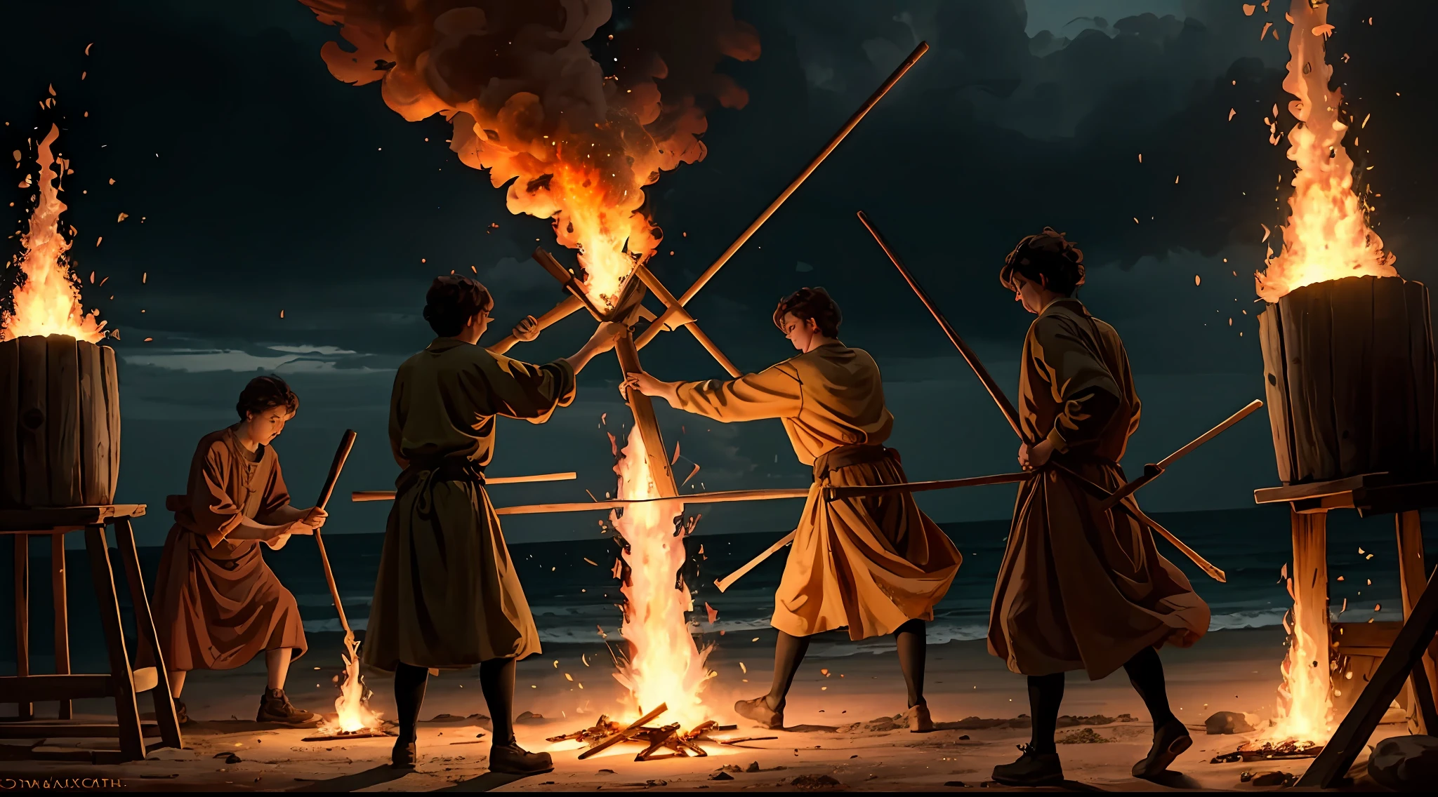 Trebuchets, fire oil drums