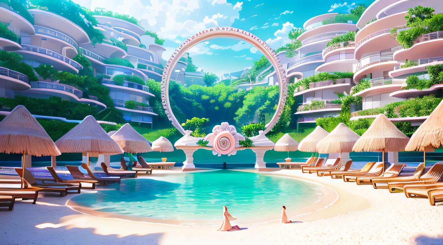 CG rendering of many beautiful pale pink large shells and pale colored conchs on the beach, with rings of shimmering rosettes as clear as glass, moonlight white beach, super detail, slender woman, woman with long hair, light effect, illuminate fairyland romance, Thomas Kinkade, Krenz, , floating hotel, soft light, ultra wide angle, distant view, 8K HD wallpapers: 1 piece, beautiful women, depth of field HD 16k, jewel-like sparkles, cute women,