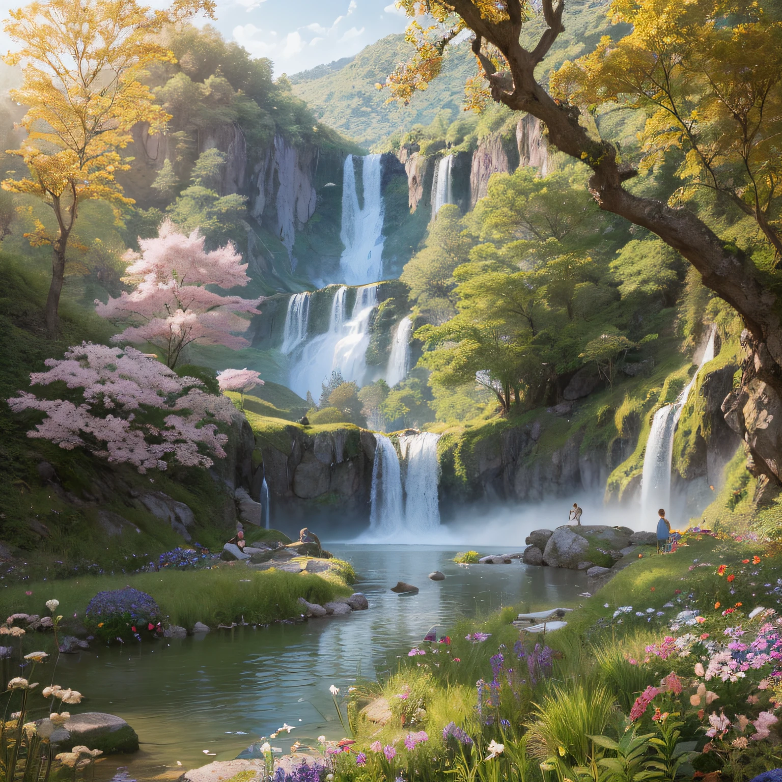 Subrealistic landscape of a fairy tale with flowering trees and small lakes and waterfalls. Digital painting, artstation, concept art, soft focus, sharp, illustration.