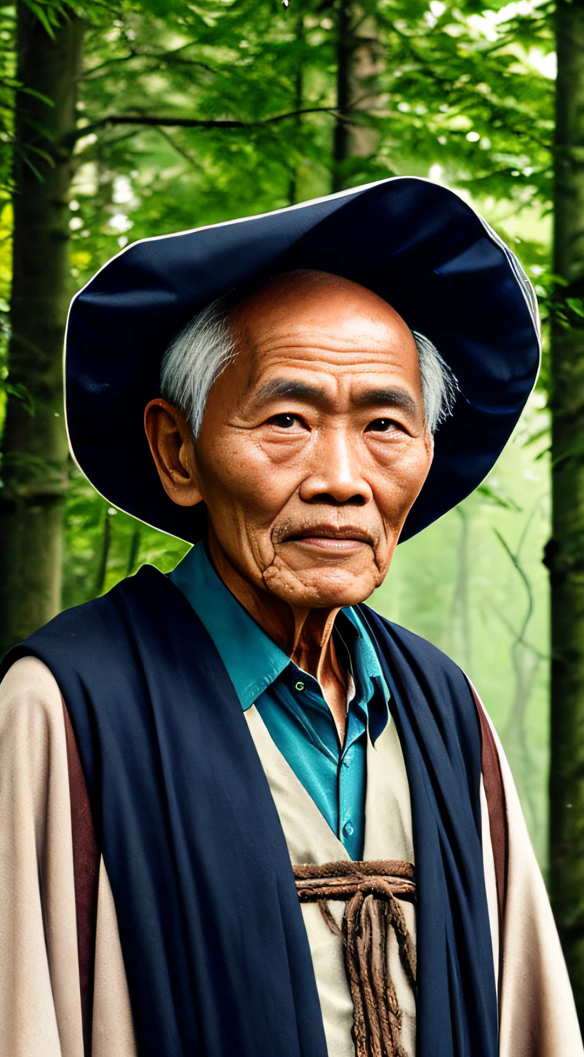 Frontal portrait photography style, world masterpiece, super unique high professional digital art, film format, hyper-realism, color film photography with ultra-fine details and quality, background is deep in the forest, an old man in rural China, an old man of wisdom. He wears an old cloak and his eyes are kind and shrewd. His skin has been blackened and powerful by the sun and rain, and the wrinkles are fixed on the corners of his mouth and forehead, making it seem that his years have precipitated. Although wearing a dark gown, although simple in appearance, it exudes sublime wisdom and a sense of tenacity of strength.
