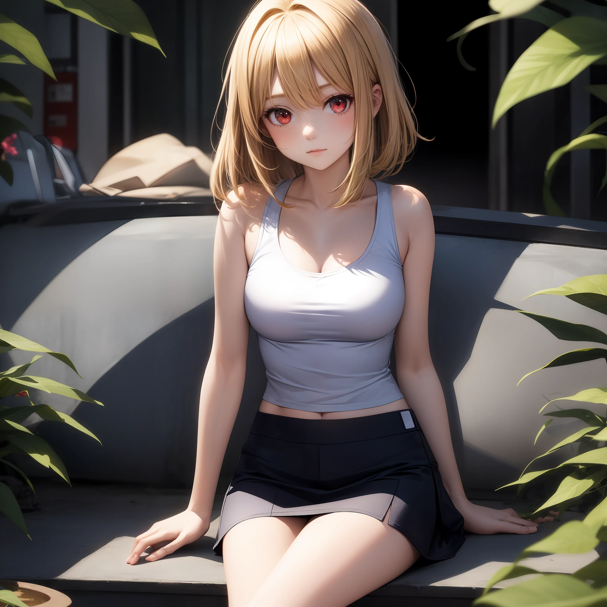 anime, girl, blonde girl with red eyes, tank top, fluttering miniskirt, sitting, one, solo