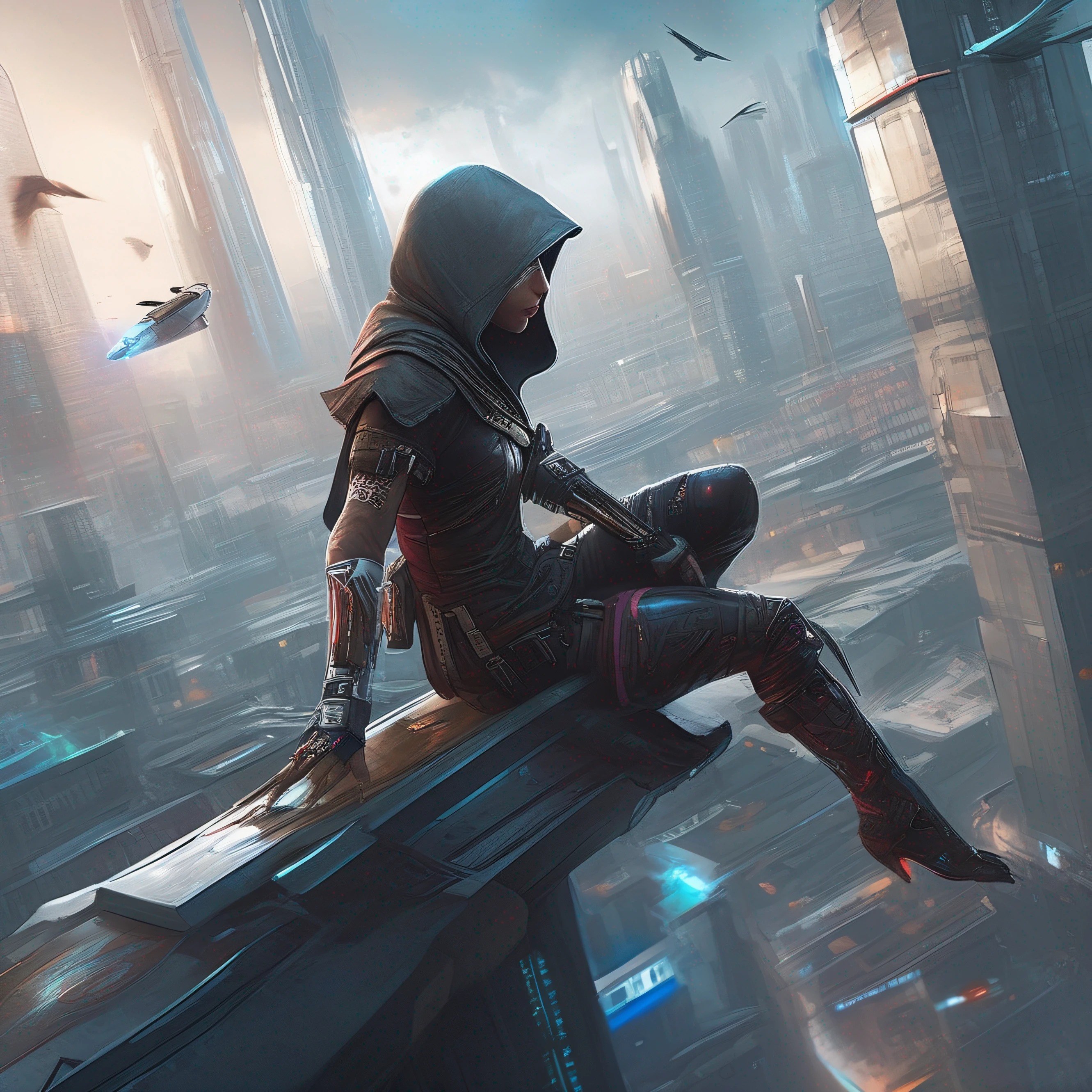 (Masterpiece, Best Quality), High Resolution, (8K Resolution), (Ultra Detailed), Cyberpunk, The picture depicts a cyborg assassin, Assassin's Creed, female assassin, crouched on the roof of a skyscraper, the scene is a bird's eye view of the futuristic city, flying cars passing through mid-air, the time is daytime, the perspective is a bird's eye effect, more detail, realism, photo texture