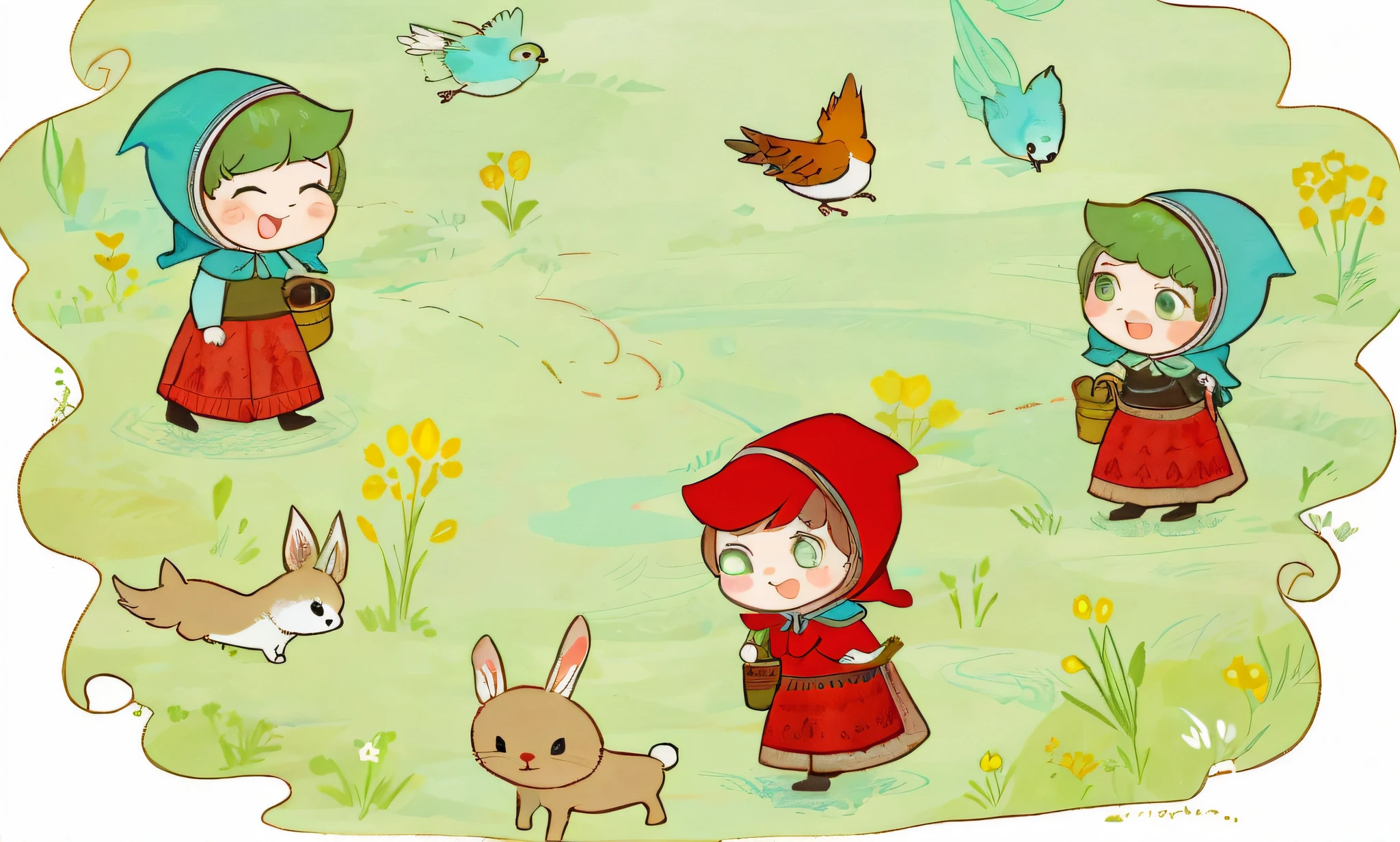 A girl and a rabbit cartoon with fox and bird, Little Red Riding Hood, fairy tale illustration style, Little Red Riding Hood, fairy tale style background, cute storybook illustration, fairy tale illustration, little red riding hood, storybook illustration, fairy tale illustration, storybook illustration, kids illustration, storybook illustration, girl, storybook illustration, cute, full hands, full expression, full eyes, complete cartoon face. Lawns, woods, rich in color.