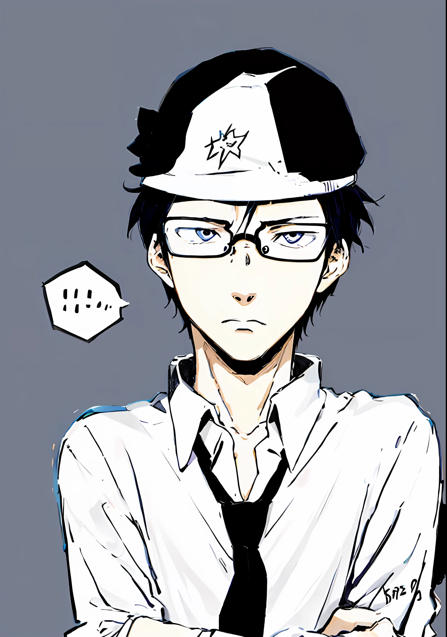 anime boy with glasses and a tie with a hat on, kentaro miura manga art style, kentaro miura manga style, manga style of kentaro miura, 2 d anime style, inspired by Okumura Togyu, kentaro miura art style, toru narita, otaku gangasta, hideaki anno anime
