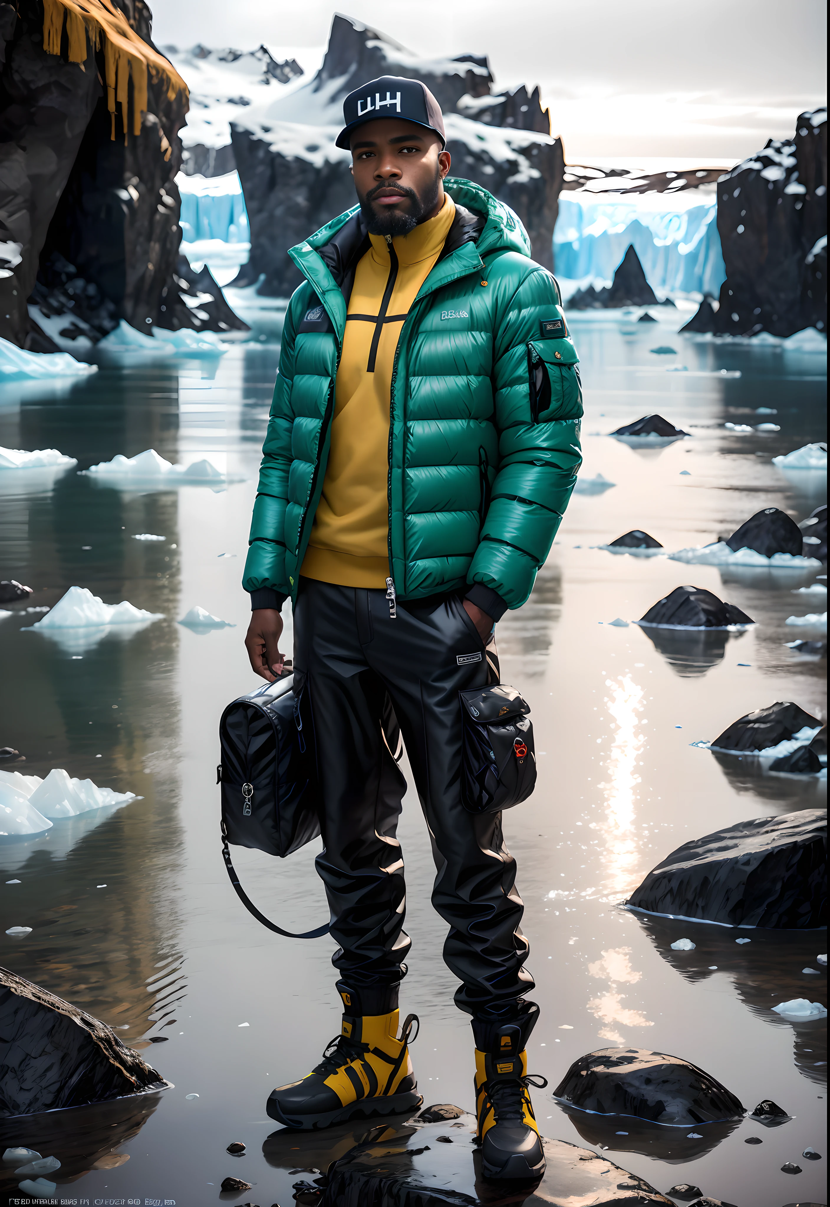 Absurdres , extreme quality , extreme details , A portrait of An African American man , buzzcut hair cut , beard , moustache , masculine , wearing a puffer jacket , black puffed suit , baggy cargo pants , bodybag , hands in pocket , leather boots , Balenciaga , standing in a rocky glacier in Iceland , extreme quality , absurdres , poster , studio lighting , 90's , depth of field, bokeh, realism, photorealistic, hyperrealism, professional photography, uhd, dslr, hdr