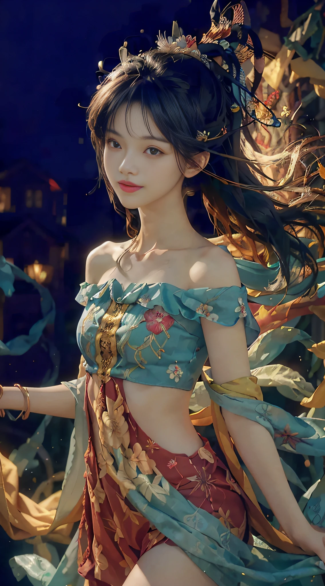 Best quality, masterpiece, ultra high res, raw photo, beautiful and aesthetic,deep shadow, dark theme,(photorealistic:1.4),
(1girl, long hair, laughing, (wind blowing hair, black hair with bangs), print shirt, small face, off shoulders), slim body, fit, cowboyshot, fashi-girl,
Graceful poise, evocative atmosphere, magnetic presence, refined seduction, captivating mystique,
Intricate zentangle patterns, a single female figure, astonishing level of detail, generously endowed, portrait composition, striking perspective, a chaotic masterpiece, gracefully poised, inspired by brutalist architecture, vibrant color palette, undertones, outdoors,