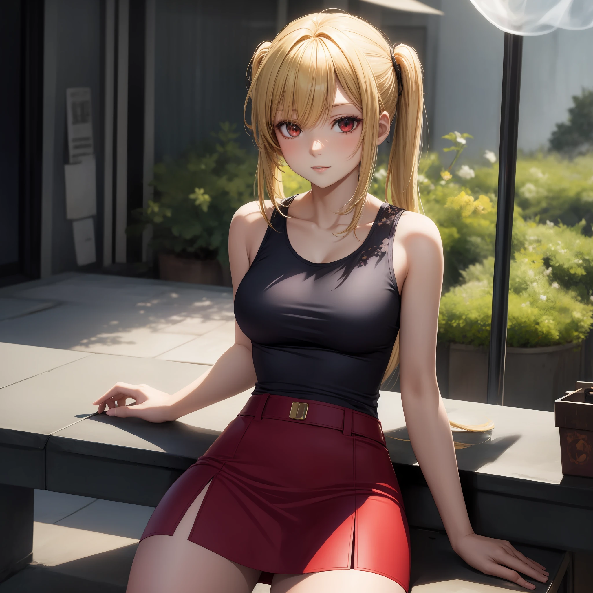 anime, girl, red-eyed blonde girl, tank top, skirt, sexy, one, solo