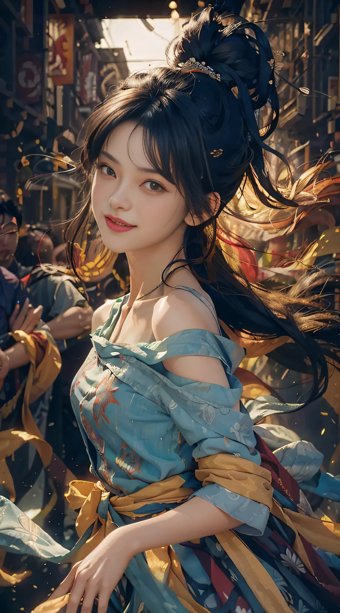 Best quality, masterpiece, ultra high res, raw photo, beautiful and aesthetic,deep shadow, dark theme,(photorealistic:1.4),
(1girl, long hair, laughing, (wind blowing hair, black hair with bangs), print shirt, small face, off shoulders), slim body, fit, cowboyshot, fashi-girl,
Graceful poise, evocative atmosphere, magnetic presence, refined seduction, captivating mystique,
Intricate zentangle patterns, a single female figure, astonishing level of detail, generously endowed, portrait composition, striking perspective, a chaotic masterpiece, gracefully poised, inspired by brutalist architecture, vibrant color palette, undertones, outdoors,