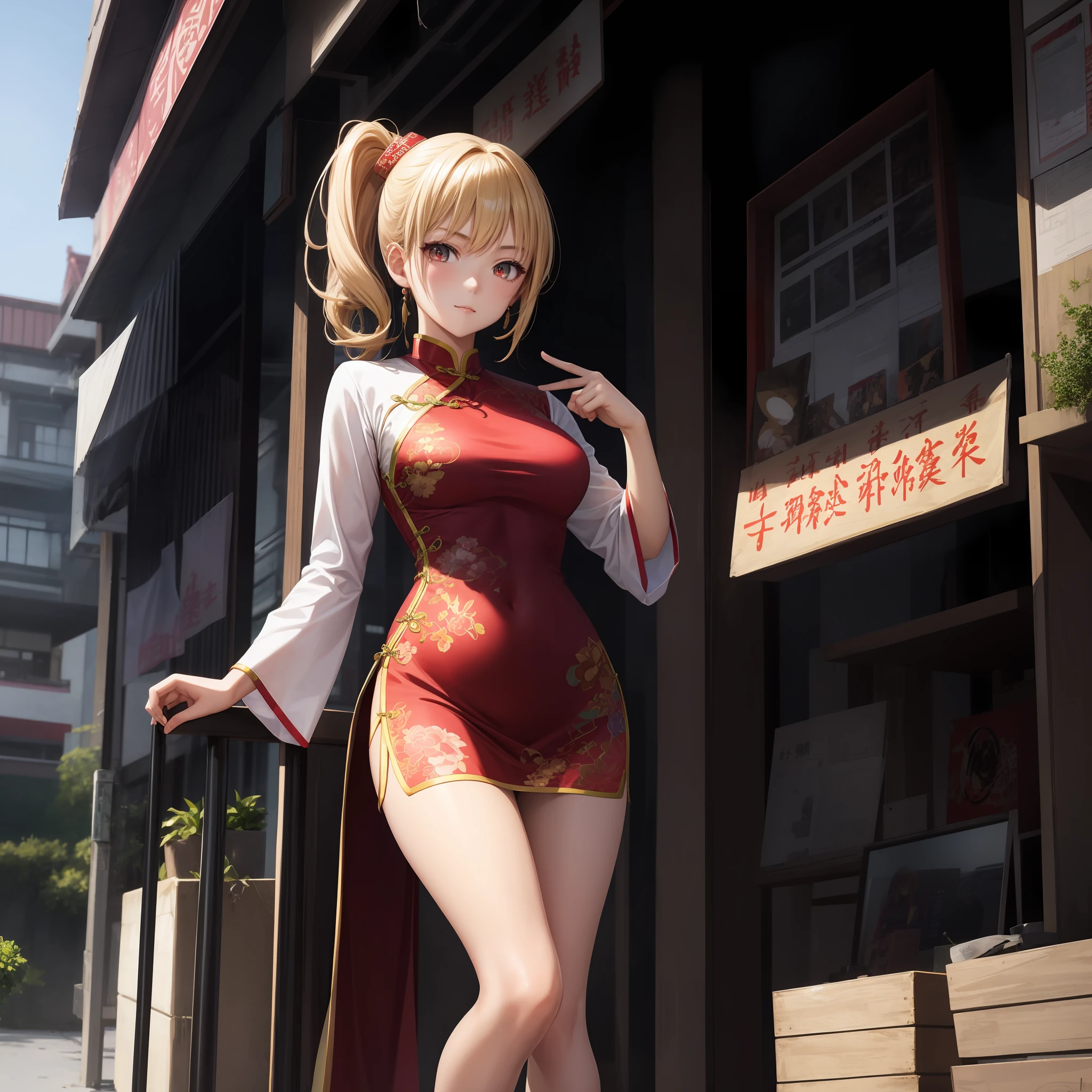 anime, girl, red-eyed blonde girl, cheongsam, one, solo, china building