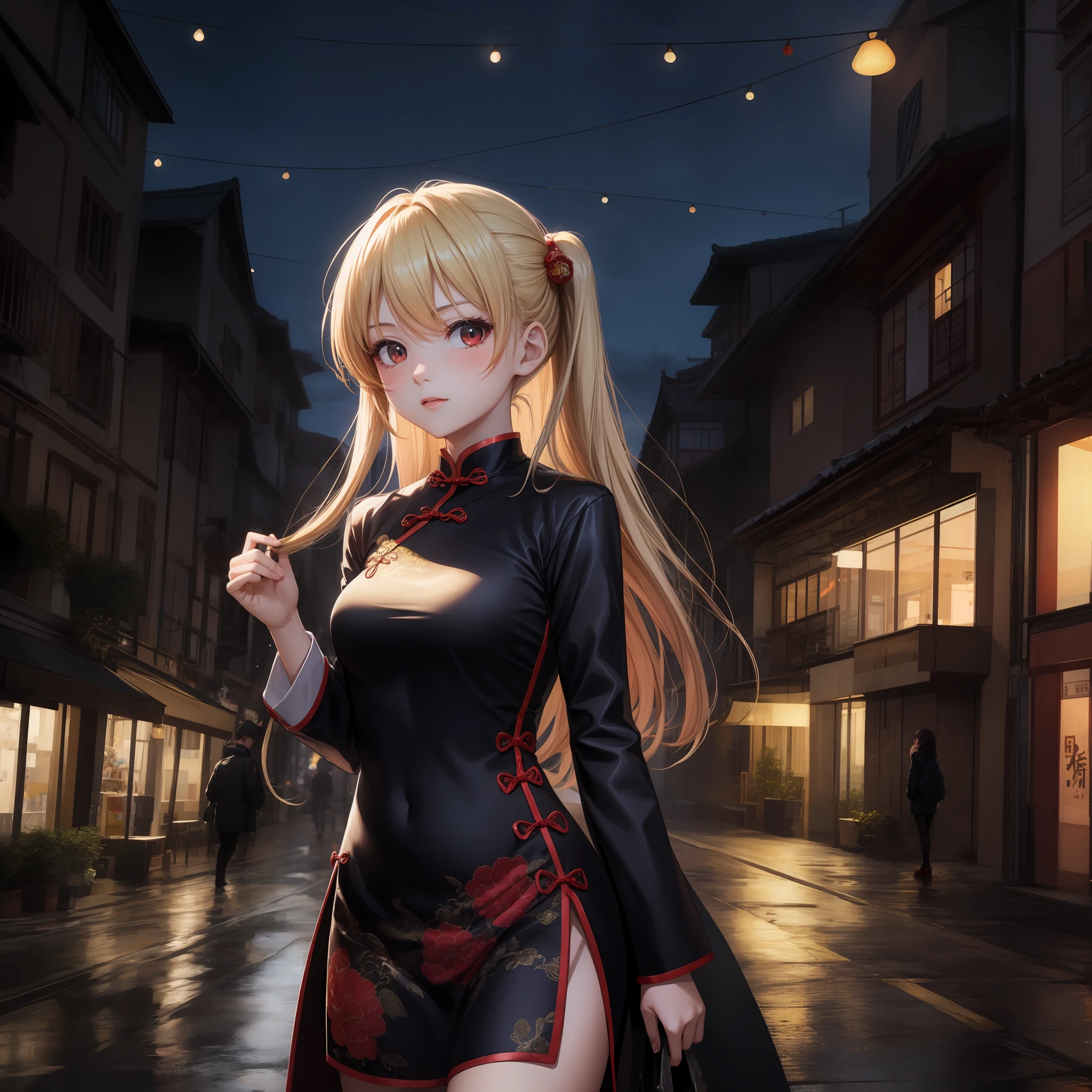 anime, girl, red-eyed blonde girl, cheongsam, one, solo, china building