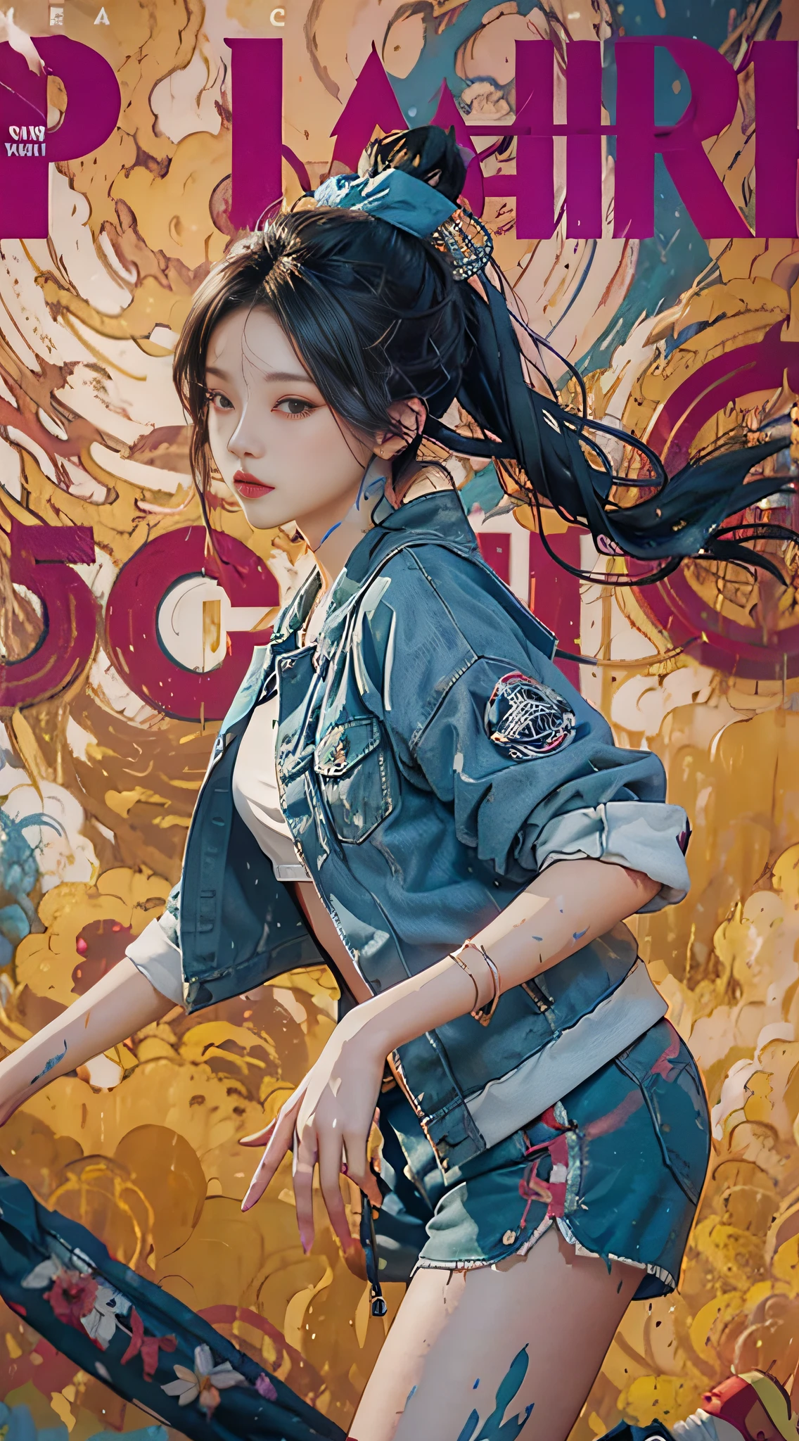 Close-up of a woman in a blue jacket and shorts, she is wearing streetwear, (dynamic angle), (floating), (paint), ((loose hair)), (solo), (1girl), magazine cover, ((magazine cover))