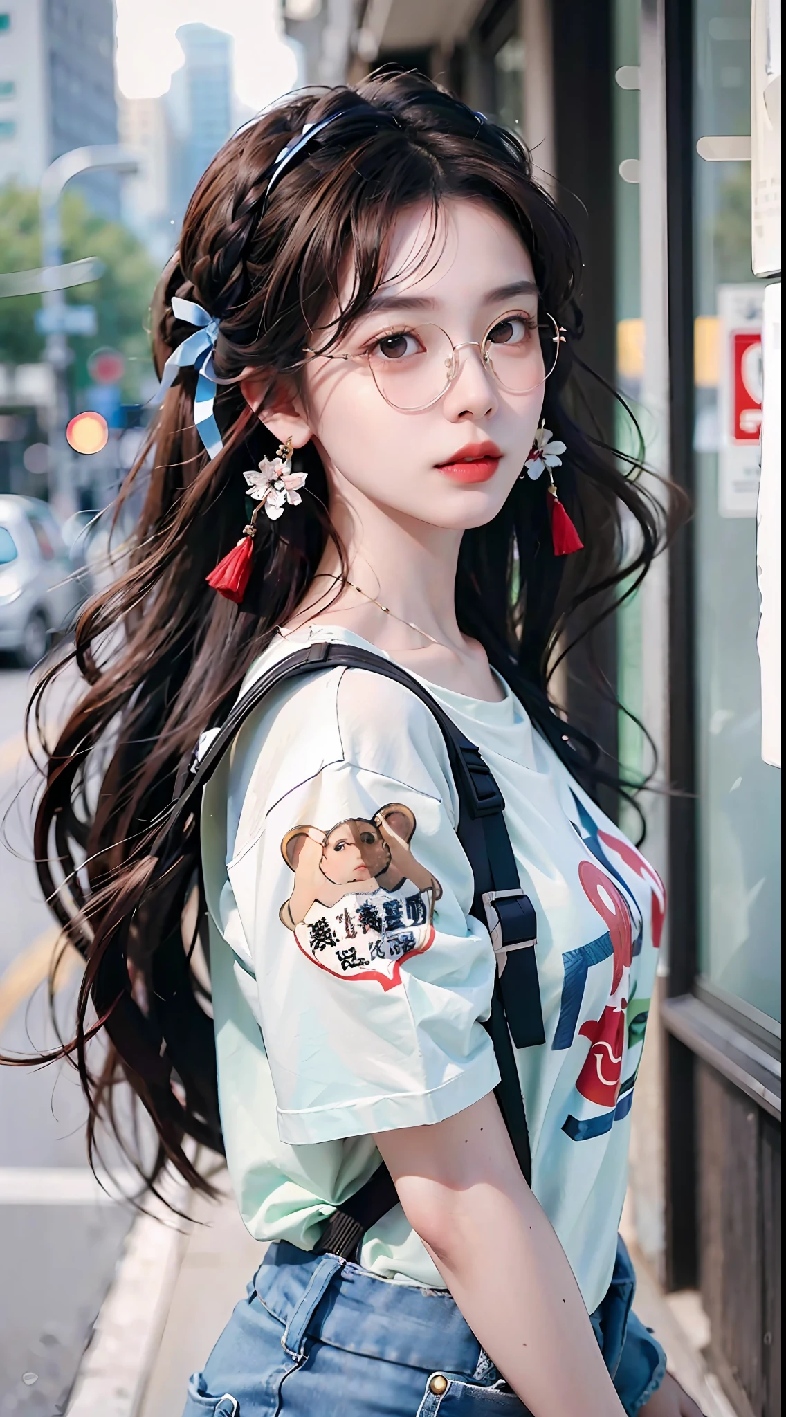 A stylish Chinese beauty, she wears trendy loose jeans with a stylish printed T-shirt and canvas shoes, walks the streets of city high-rises, carrying a backpack, eyes staring at the camera, kanzashi, long eyelashes, amber eyes, crystal earrings, parted lips, (sunglasses), toad glasses, (brown too glasses), ribbon, hair ribbon, hairband, braided ponytail, twin braids,hair, hyper-realistic, close up, f/4.0, 35mm, UHD, retina, masterpiece, high resolution, best quality, 16k