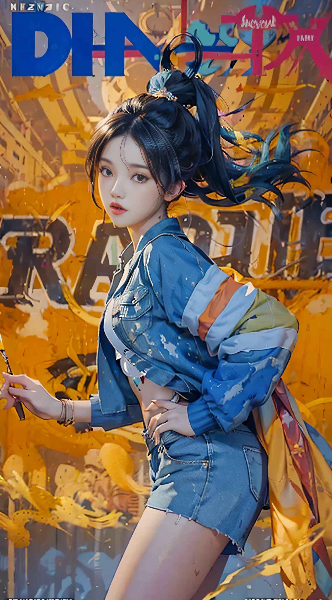 Close-up of a woman in a blue jacket and shorts, she is wearing streetwear, (dynamic angle), (floating), (paint), ((loose hair)), (solo), (1girl), magazine cover, ((magazine cover))
