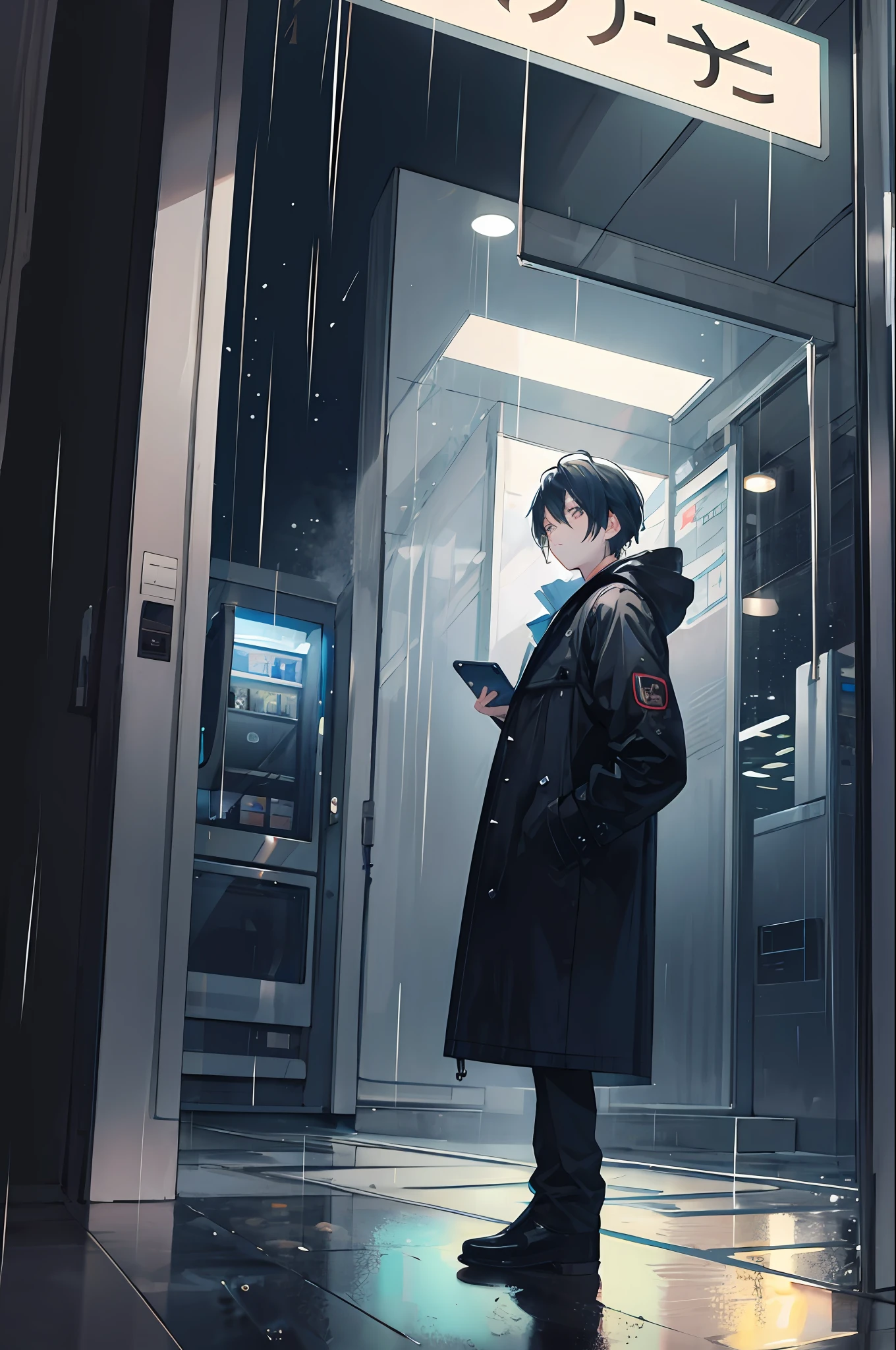 boy, night city, rain, coat, single, cold, in front of the phone booth
