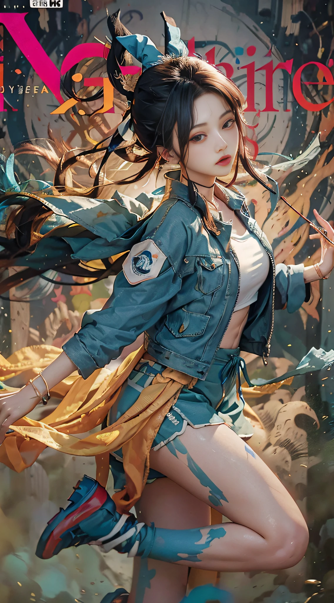 Close-up of a woman in a blue jacket and shorts, she is wearing streetwear, (dynamic angle), (floating), (paint), ((loose hair)), (solo), (1girl), magazine cover, ((magazine cover))