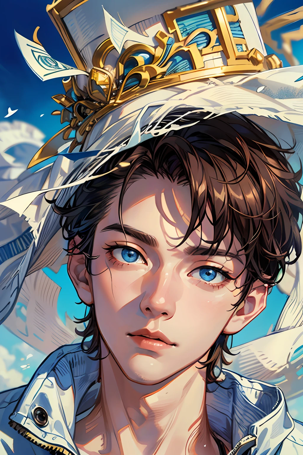 (ridiculous, high resolution, ultra detail, HDR), masterpiece, best quality, 1boy, handsome, short hair, fine eyes and detailed face, blue eyes, (white t-shirt), (denim jacket), (lots of dollars floating down in the sky)