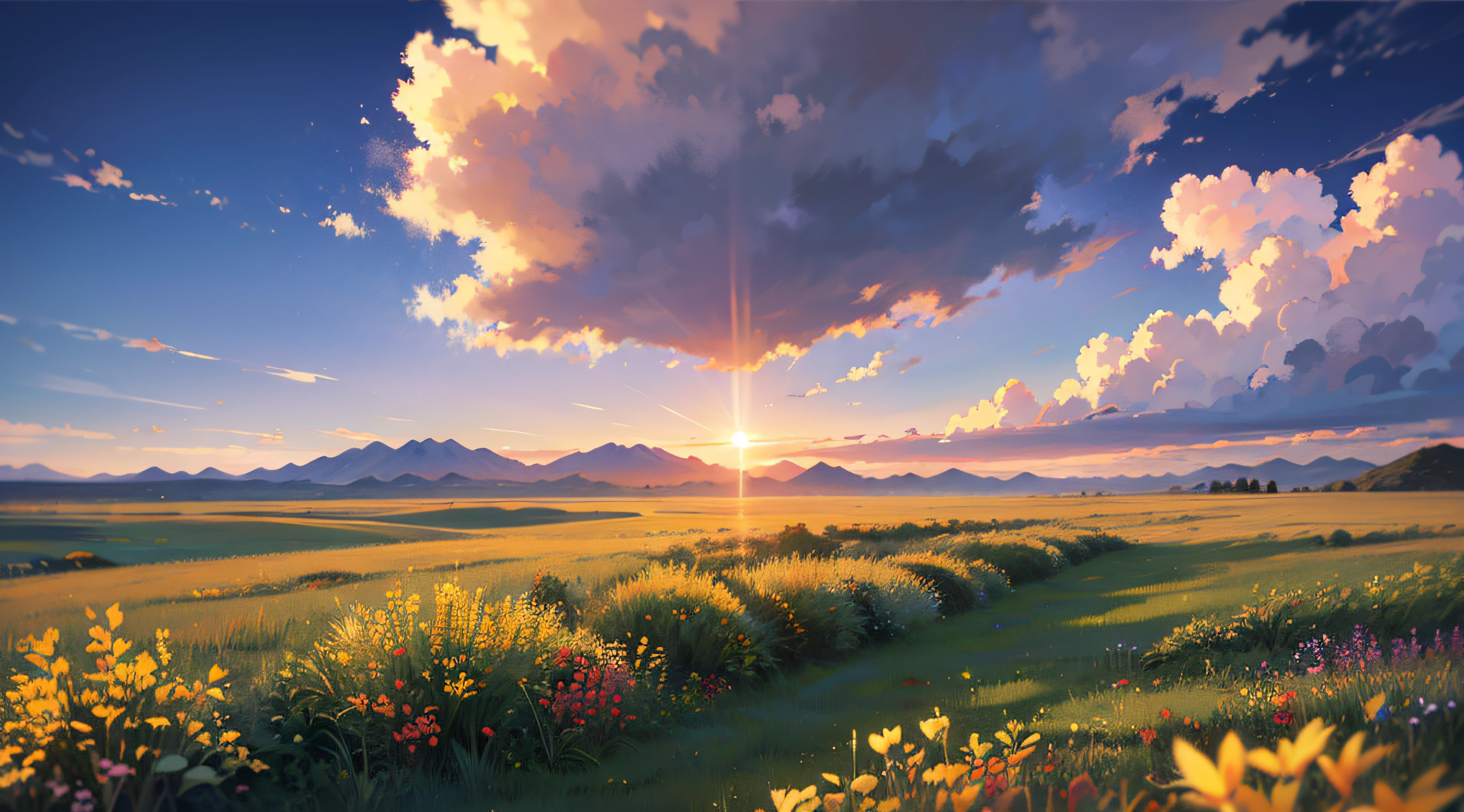 Sea, sand, grassland, wildflowers, desert, distant snowy mountains, sky, large stretching clouds, sunset, light penetrating the clouds to the ground, wide-angle lens shooting