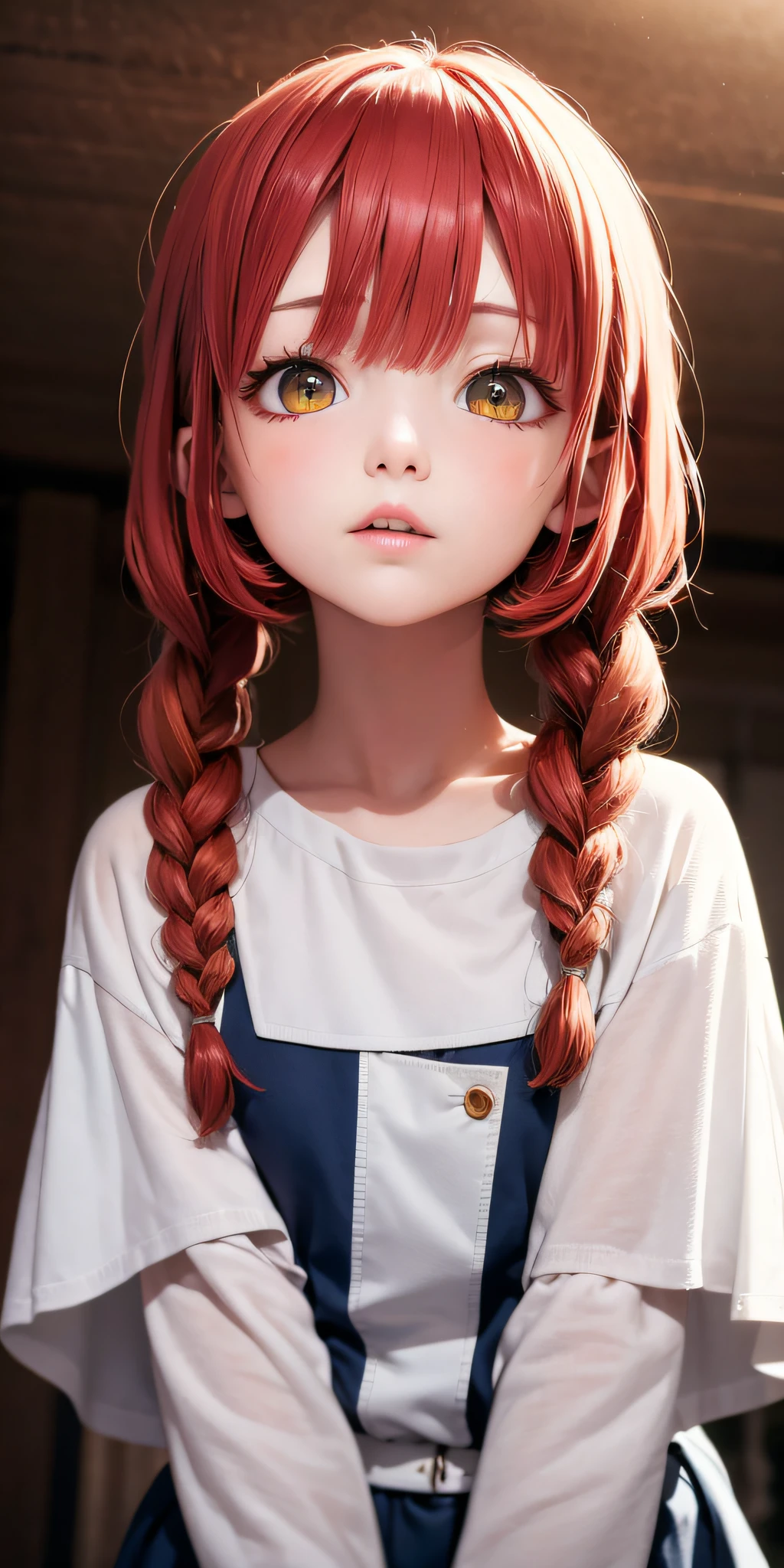 Excellent, masterpiece, red hair, golden eyes, blue clothes, looking up, upper body, hair, fair skin, side braids