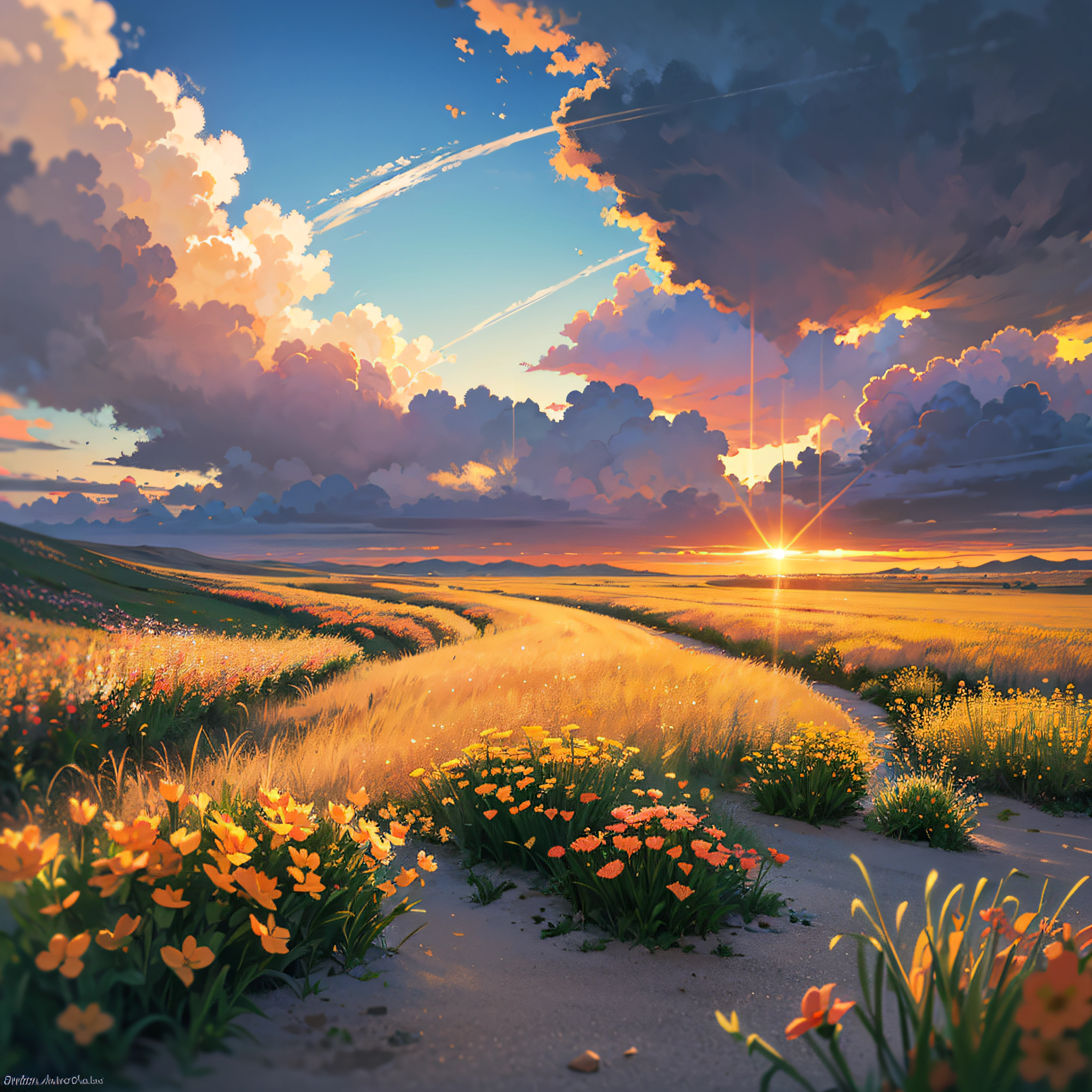 Sea, sand, grassland, wildflowers, desert, distant snowy mountains, sky, large stretching clouds, sunset, light penetrating the clouds to the ground, wide-angle lens shooting