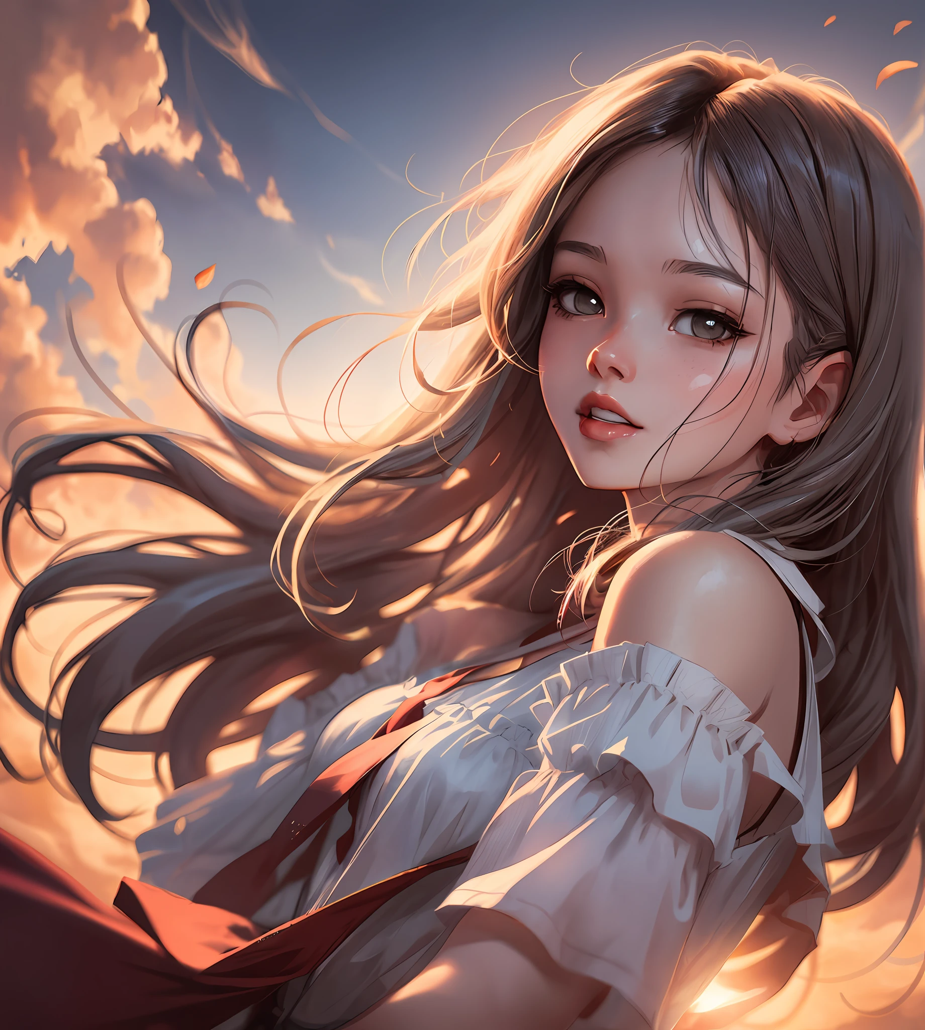 anime girl with long hair and a white dress with a red tie, smooth anime cg art, beautiful anime portrait, detailed digital anime art, artwork in the style of guweiz, digital anime illustration, digital anime art, ig model | artgerm, loish and wlop, portrait anime girl, detailed portrait of anime girl