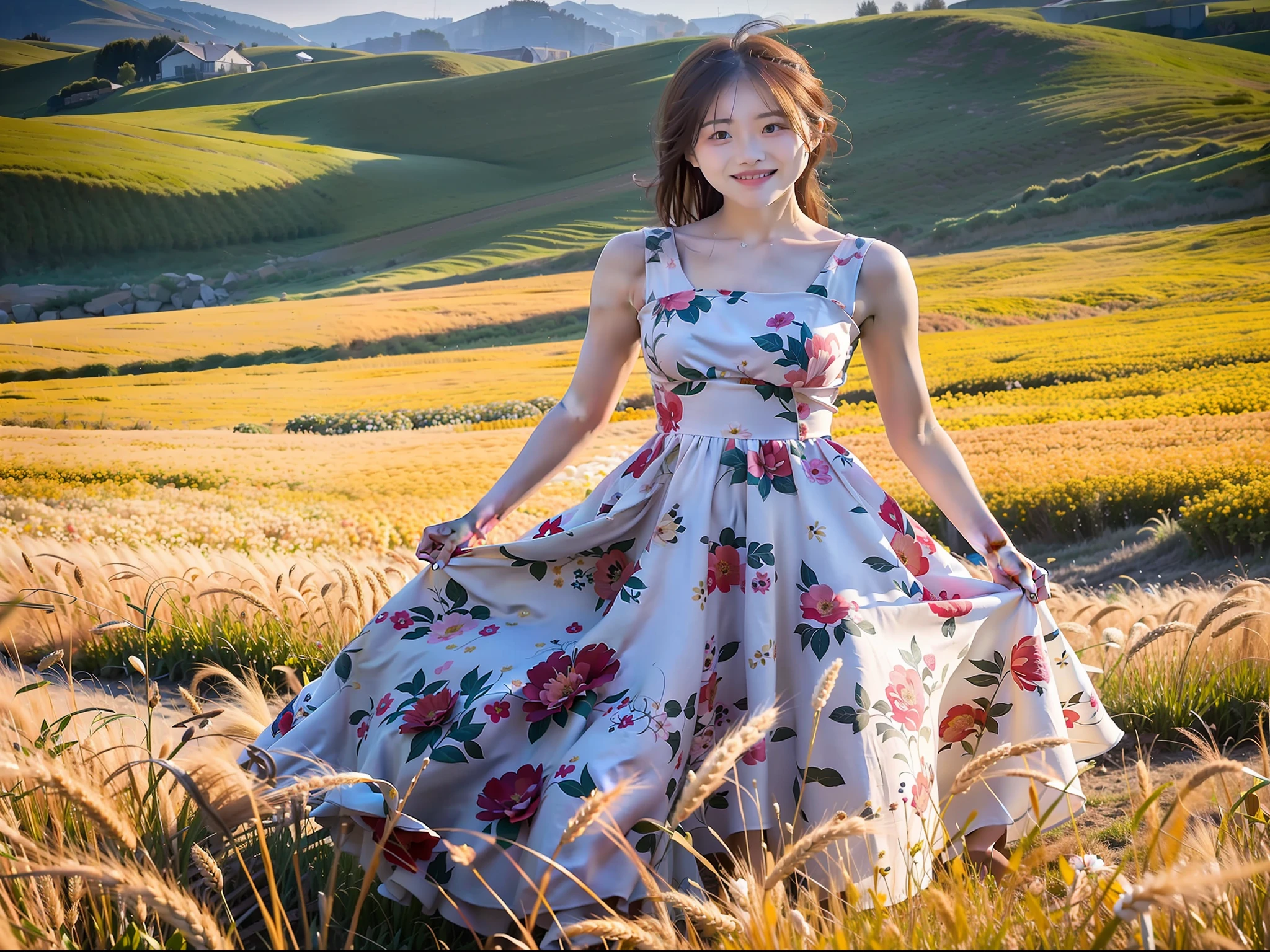 arafed woman in a floral dress standing in a field of wheat, floral art novuea dress, romantic dress, flower dress, dressed in a flower dress, standing in flower field, flowery dress, wearing a long flowery dress, standing in a flower field, gorgeous lady, photoshoot, lady with glowing flowers dress, floral dream, sha xi