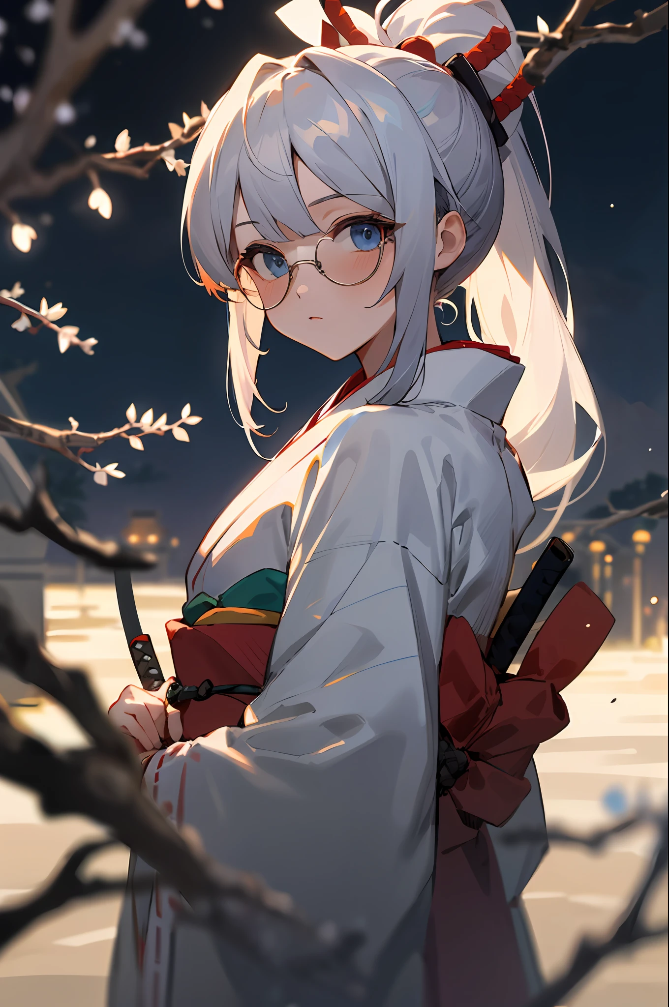 ((Masterpiece, Best Quality)),1girl,Bangs,Blue Eyes,Background Blur,Branches,Silver Hair,Ponytail,Sunglasses,Japanese Clothes,Kimono,Night,(Mon:1.9), Obi, Outdoors, Obi, Solo, Moonlight, Katana