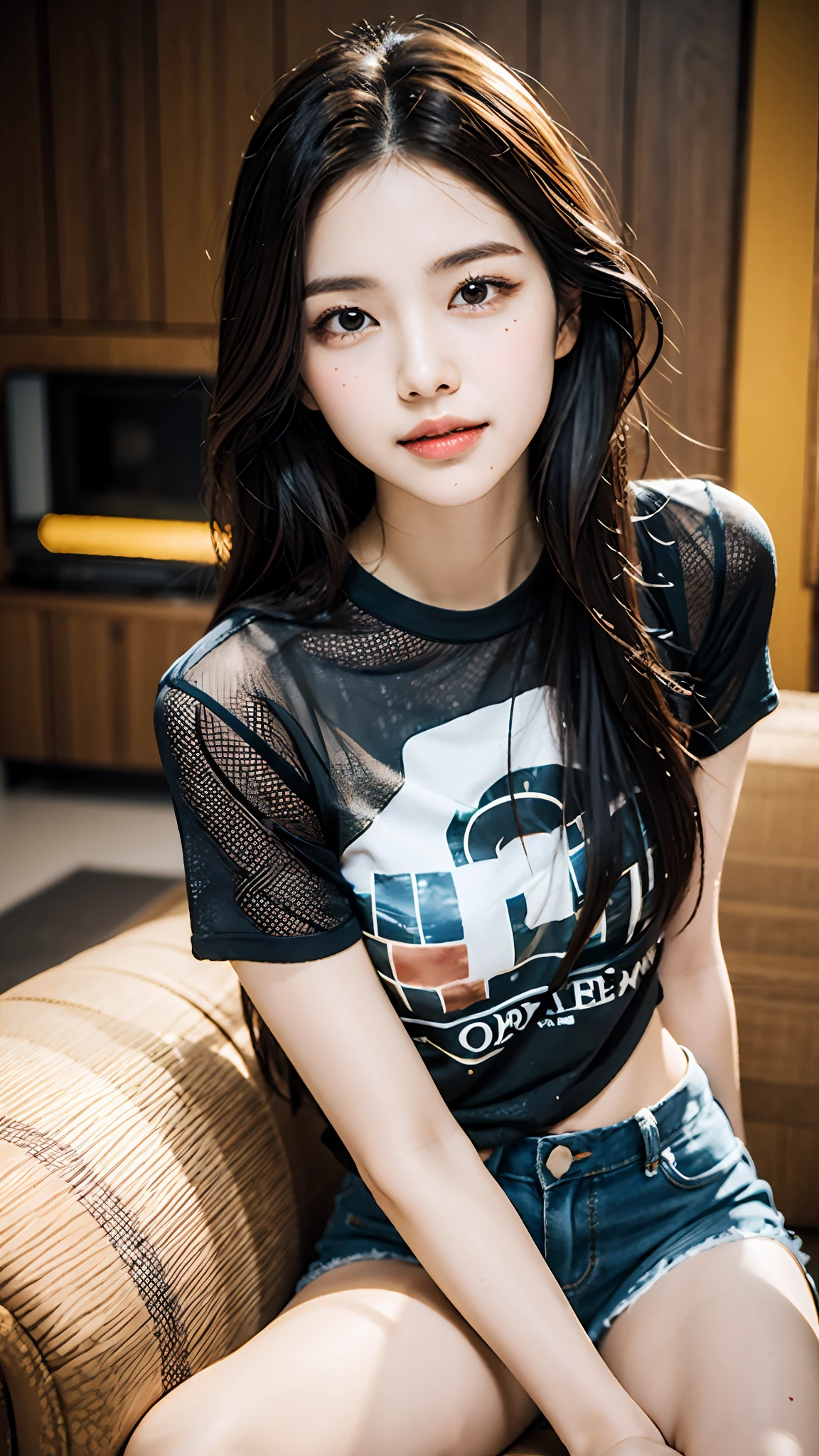 [25-year-old male],[face: round], [eyes: almond eye shape, brown color, thick and curved eyebrow shape], [Nose: Sticky shape, small hole], [Mouth: thick lip shape, Neat teeth], [Chin: Tyre chin shape, Sunken chin], [Hair: Long hairstyle, black color,], [Ears: Small ear shape], [skin: white skin color, Smooth skin texture], [Facial expression: smile], [Activity: Sitting on the sofa in the living room],
[Top clothes: T-shirt, brown color, plaid pattern, delicate texture, casual wear style, folded clothing design, well-maintained clothing condition]
Professional photograph of a stunning woman detailed, cinematic lightning, octane render, unreal engine, volumetrics dtx