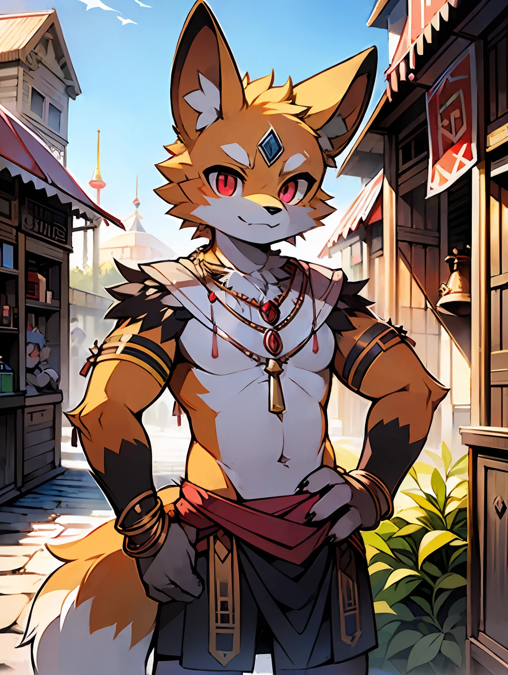 BREAk, master masterpiece, high resolution, 8k, detailed background, high quality, BREAk, BREAk, (yellow fur, black sclera, red eyes, fluffy fur, detailed fur)) shaggy, broken, masculine, boy, humanoid, fig leaf, loincloth (ancient Greek architecture, bazaar, necklace, bracelet), solo