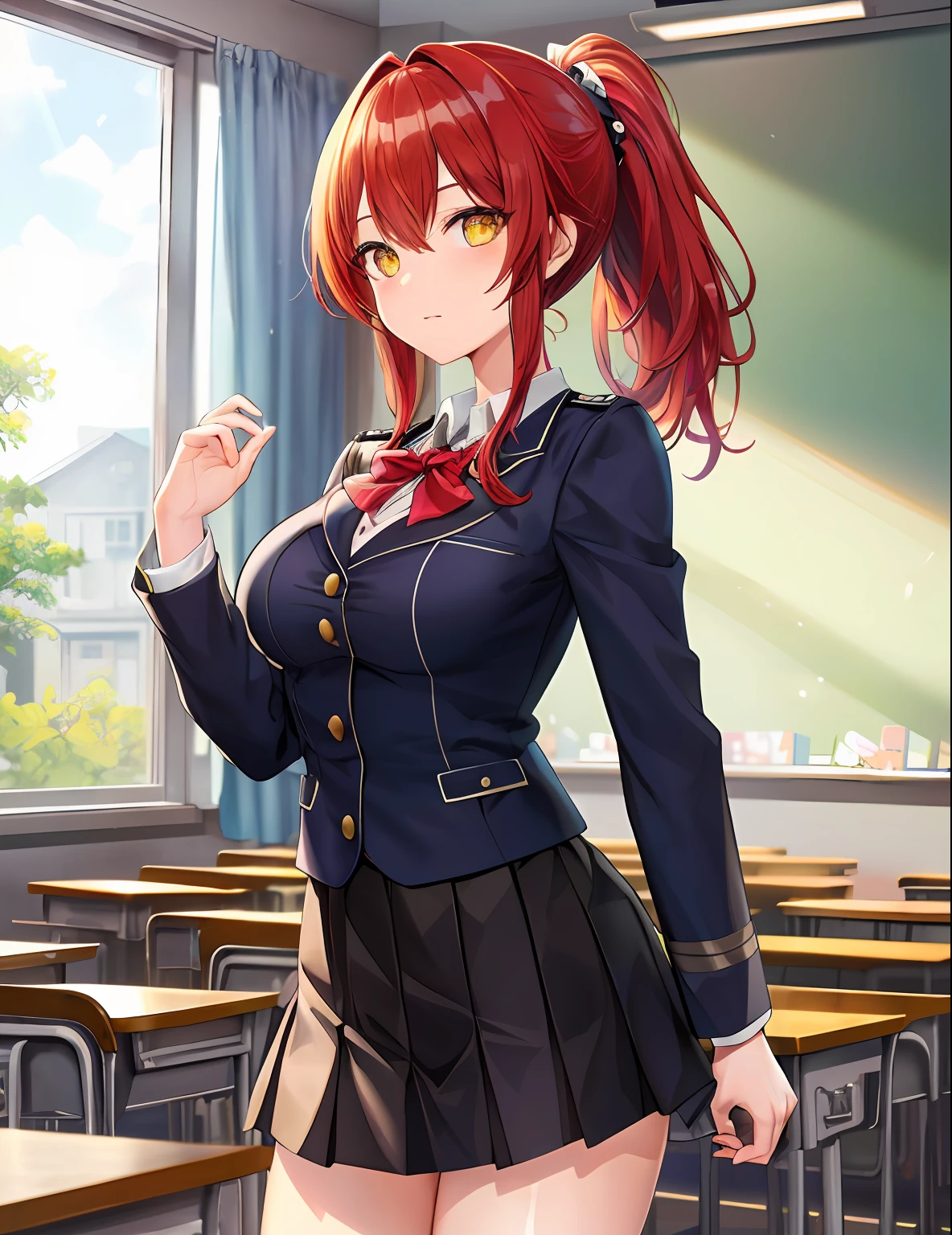 Model Shooting Style, (Masterpiece:1.3), (Absurdity:1.3), (Best Quality:1.3), (8K), (Masterpiece Digital Art), (Detailed Manga Illustration), (Handle Hair), Perfect Anatomy, (Complex Detail:1.3), (Detailed Detail:1.3), (Illustration:1.3), (Sharp Focus:1.3), (Vivid Color:1.3), 1 Girl, NSFW, Solo, ponytail, (red hair), yellow eyes, floating hair, white skin, blushing cheeks, clear white skin, shining eyes, medium breast, shiny hair, uniform, school, classroom
