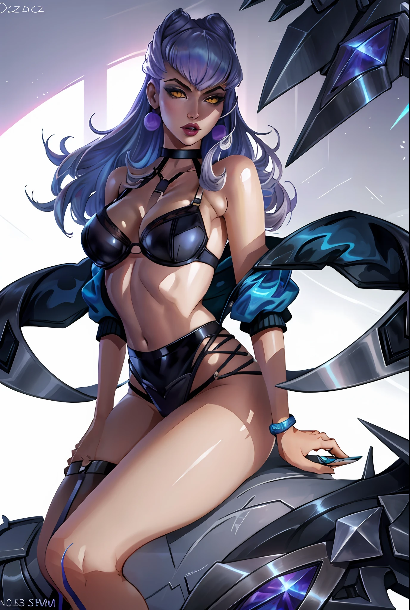 ((best quality)), ((masterpiece)), ((realistic)), (detailed), highly detailed skin, 1girl, K/DA all out Evelynn,All out alternate outfit,kpop,popstar  navel, midrift, stunning gradient colors, no watermark signature, detailed background, insanely detailed, , ((masterpiece)), HDR, spreading legs,slutty expression,bitch,pornstar, league of legends,topless,big breasts,moaning,lewd,legs spread wide, spreading legs wide,purple colour outfit,bikini,bra and panty,summer,camel toe